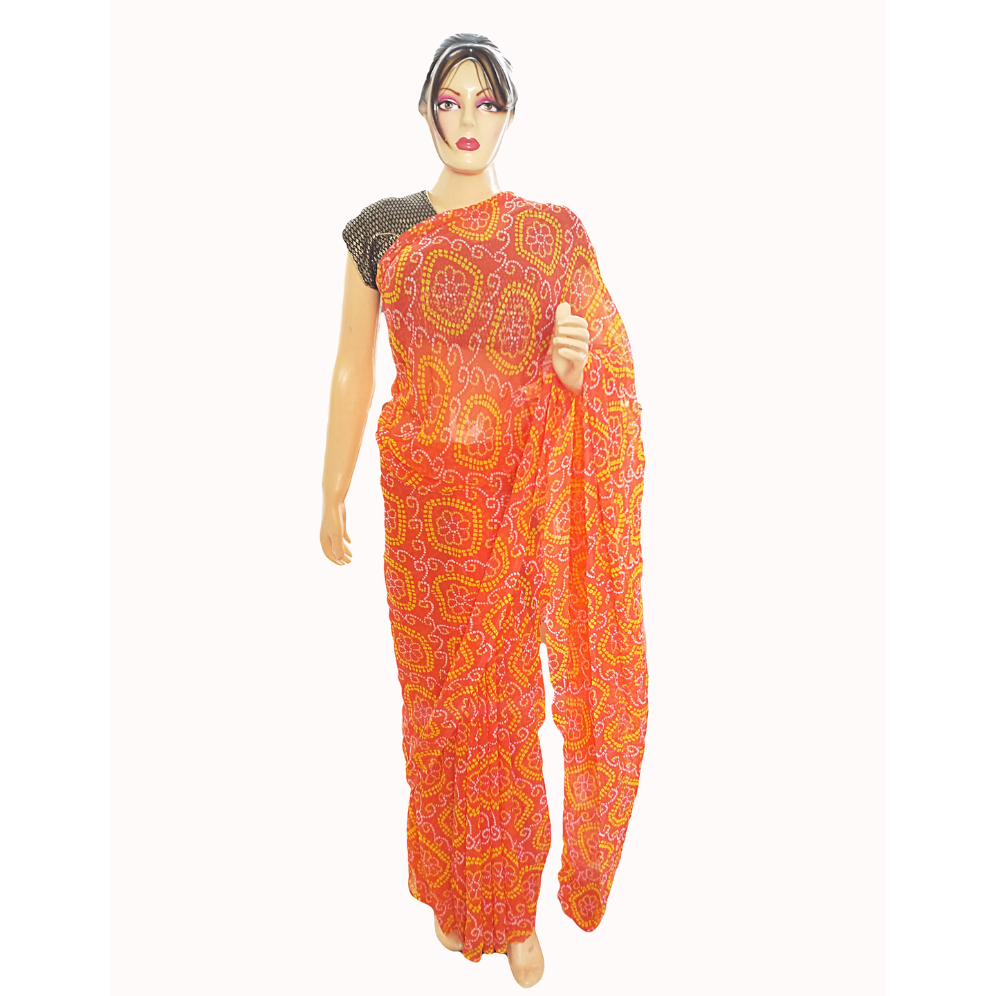 Rajasthani Jaipuri Bandhani Bandhej Georgette Orange Color Sari