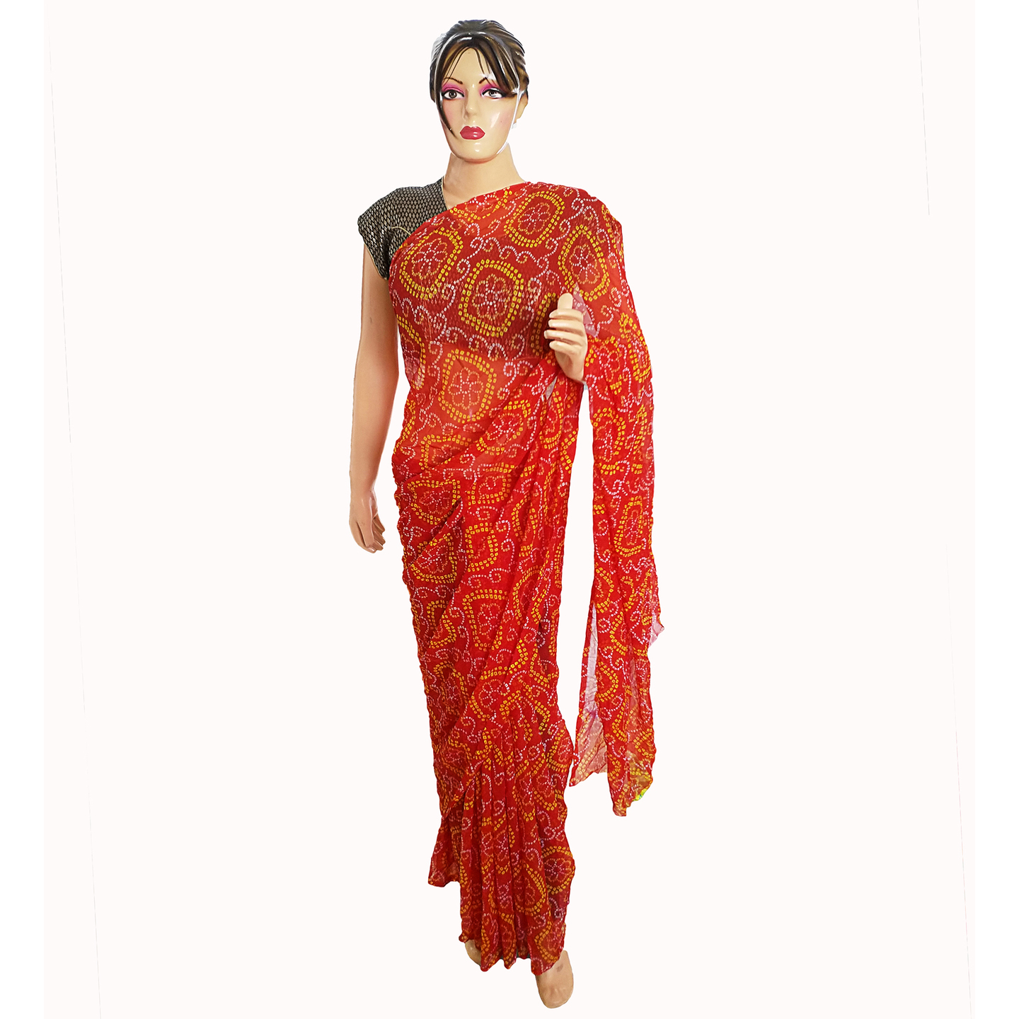 Rajasthani Jaipuri Bandhani Bandhej Georgette Red Color Sari