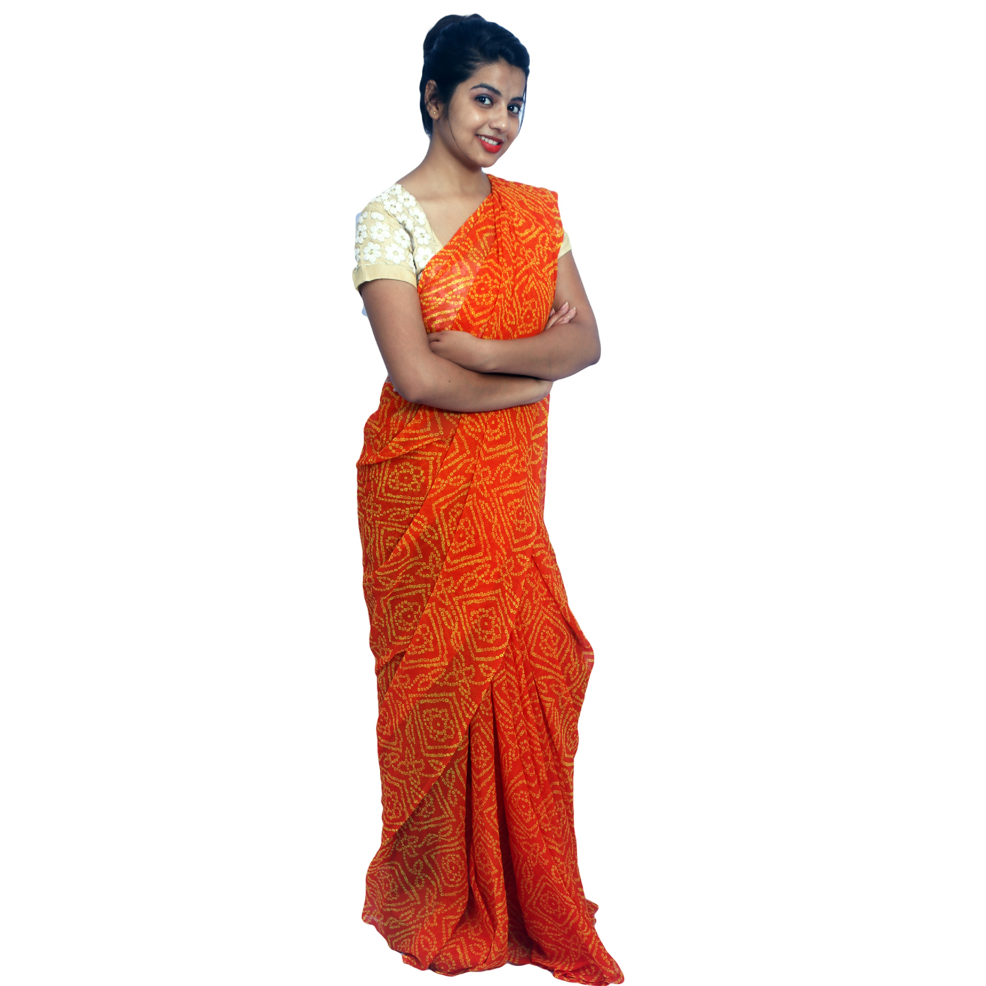Rajasthani Jaipuri Bandhani Bandhej Georgette Orange Color Sari