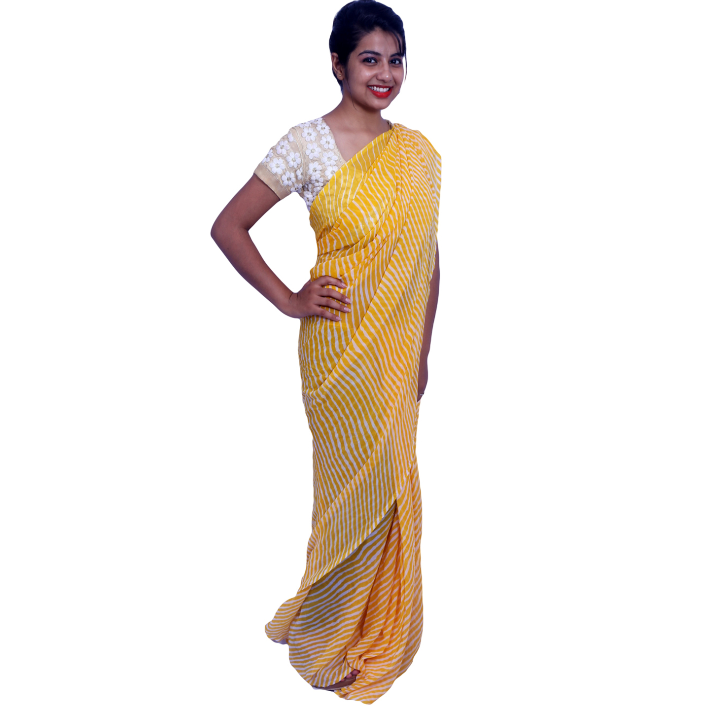 Rajasthani Jaipuri Leheriya Georgette Yellow Color Sari