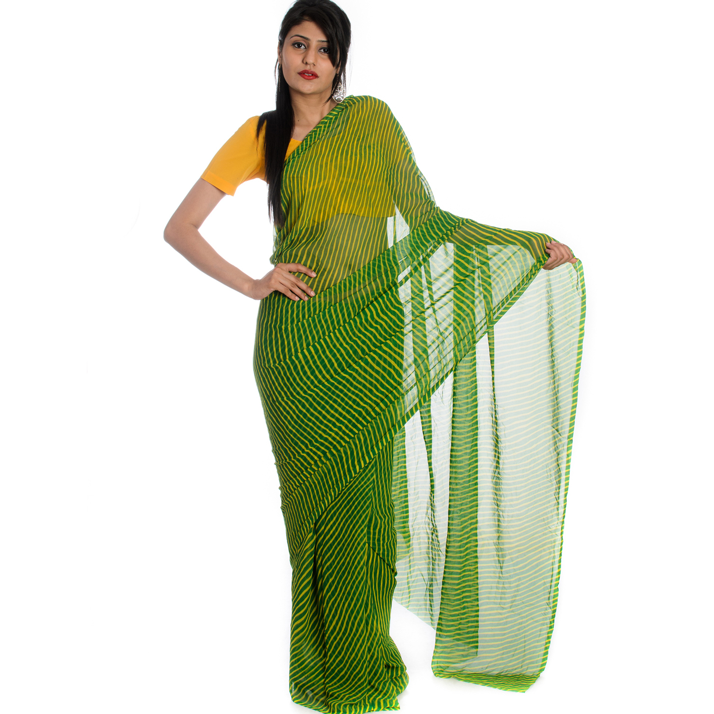 Rajasthani Jaipuri Leheriya Georgette Green Color Sari
