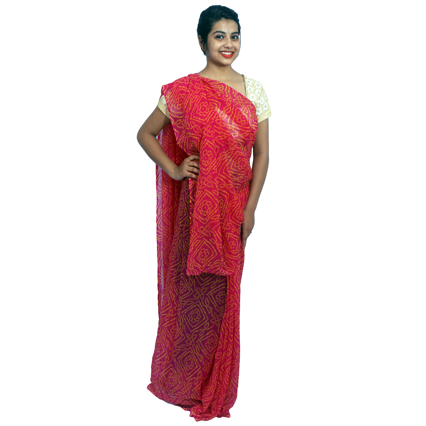 Rajasthani Jaipuri Bandhani Bandhej Georgette Rani Color Sari