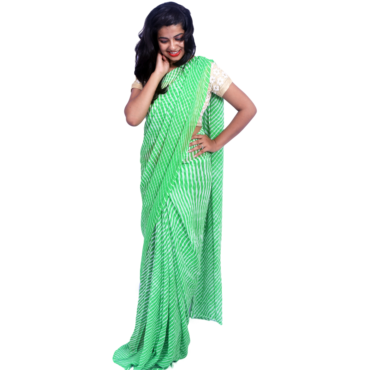 Rajasthani Jaipuri Leheriya Georgette Parrot Green Color Sari