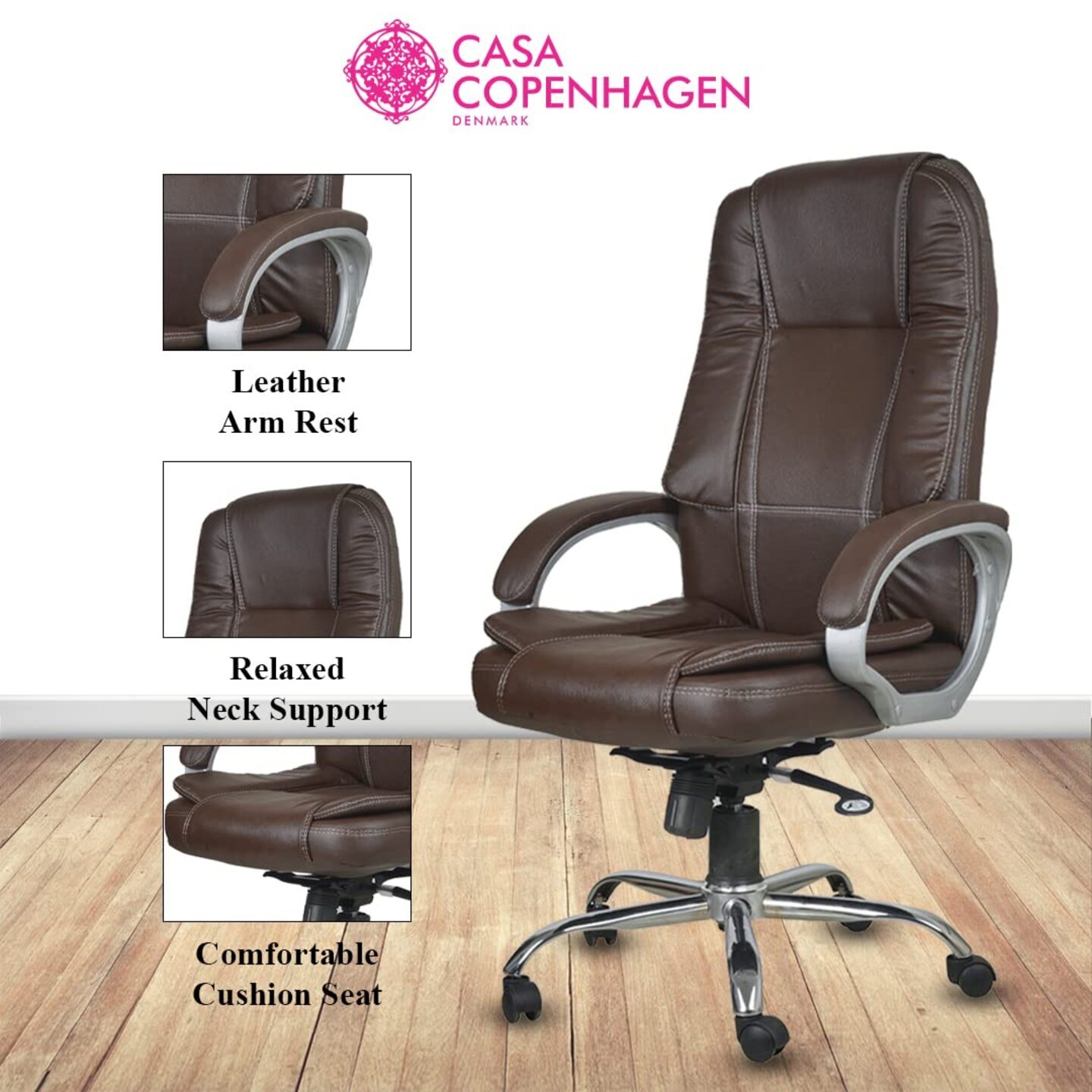 High-Back Imported Leather Home & Office Ergonomic Chair with Advanced Mechanism, Luxurious Seating & Arm-Rest - Brown