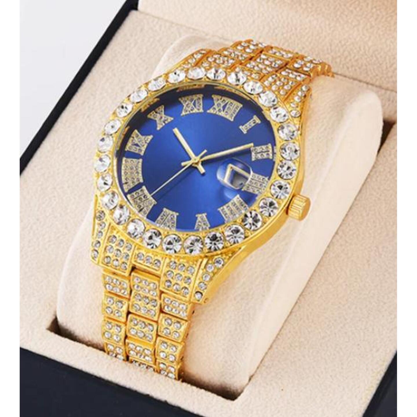 ICEDIAMOND Blue Roman Dial Iced Out Wrist Watch Full Bling CZ Diamond Quartz Calendar Watch for Men Women