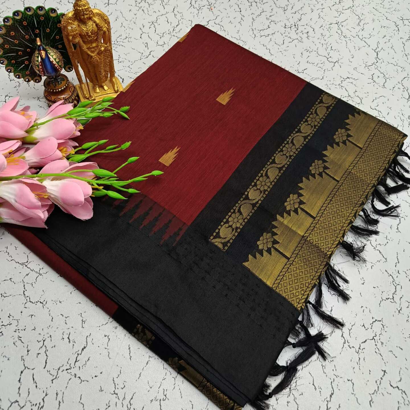 Maroon Black Kalyani South Cotton Silk Handloom Saree19