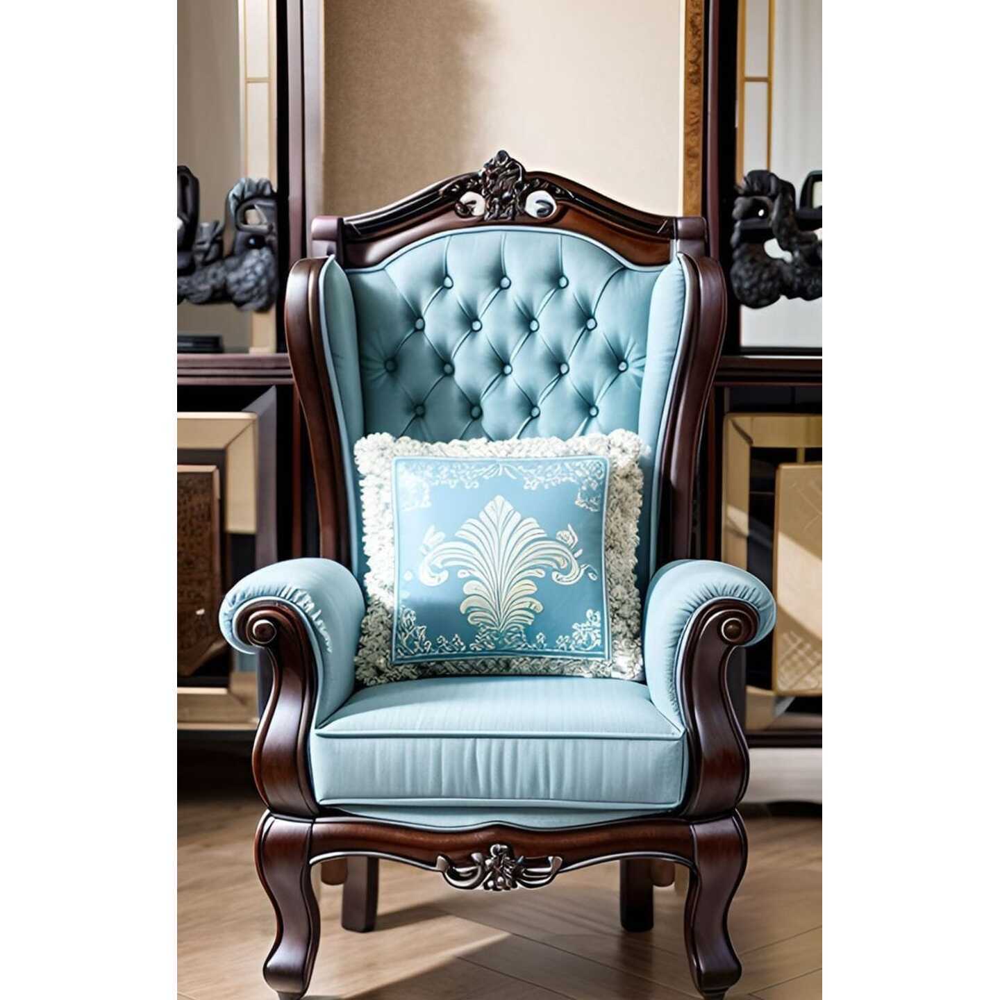 Victorian Tufted Accent Chair, Powder Blue Velvet with Dark Teakwood Frame, Decorative Carved Details