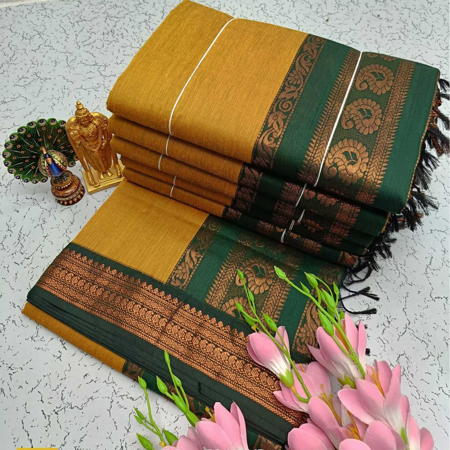 Mustard Green Kalyani South Cotton Silk Handloom Saree with Mango Motifs