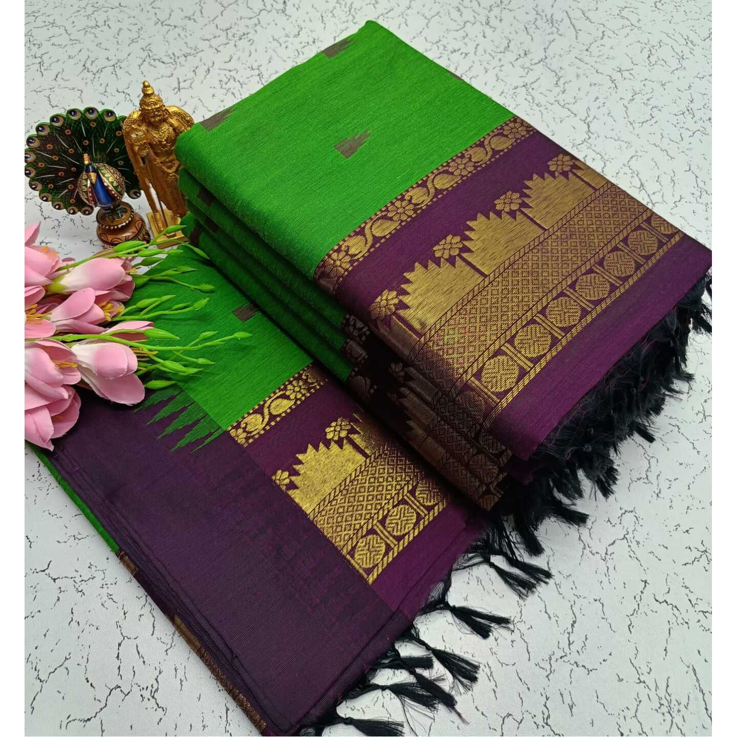 Parrot Green Purple Kalyani South Cotton Silk Handloom Saree