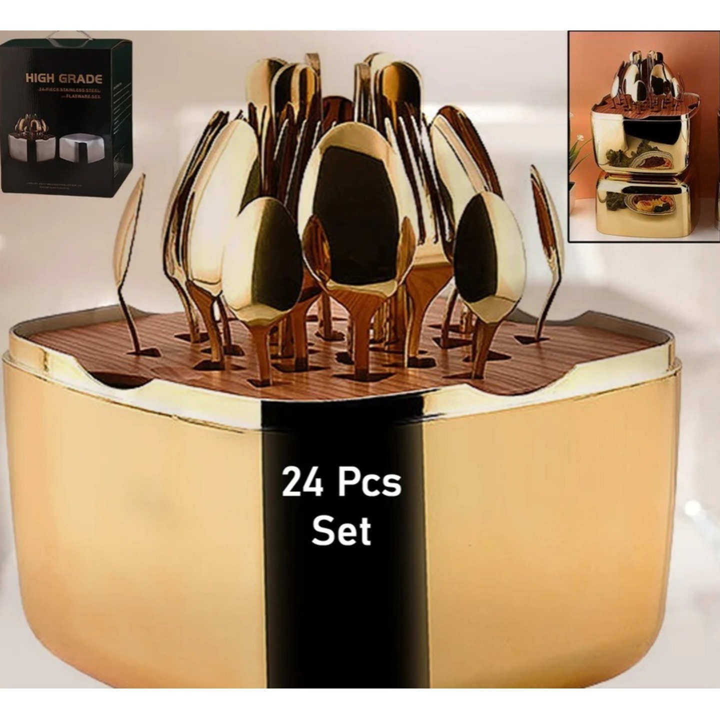 Unique Golden Egg Storage Modern Tableware Steak Knives Fork Flatware Set Tableware Gold Cutlery Set Dishwasher Safe Mirror  24Pcs Set)