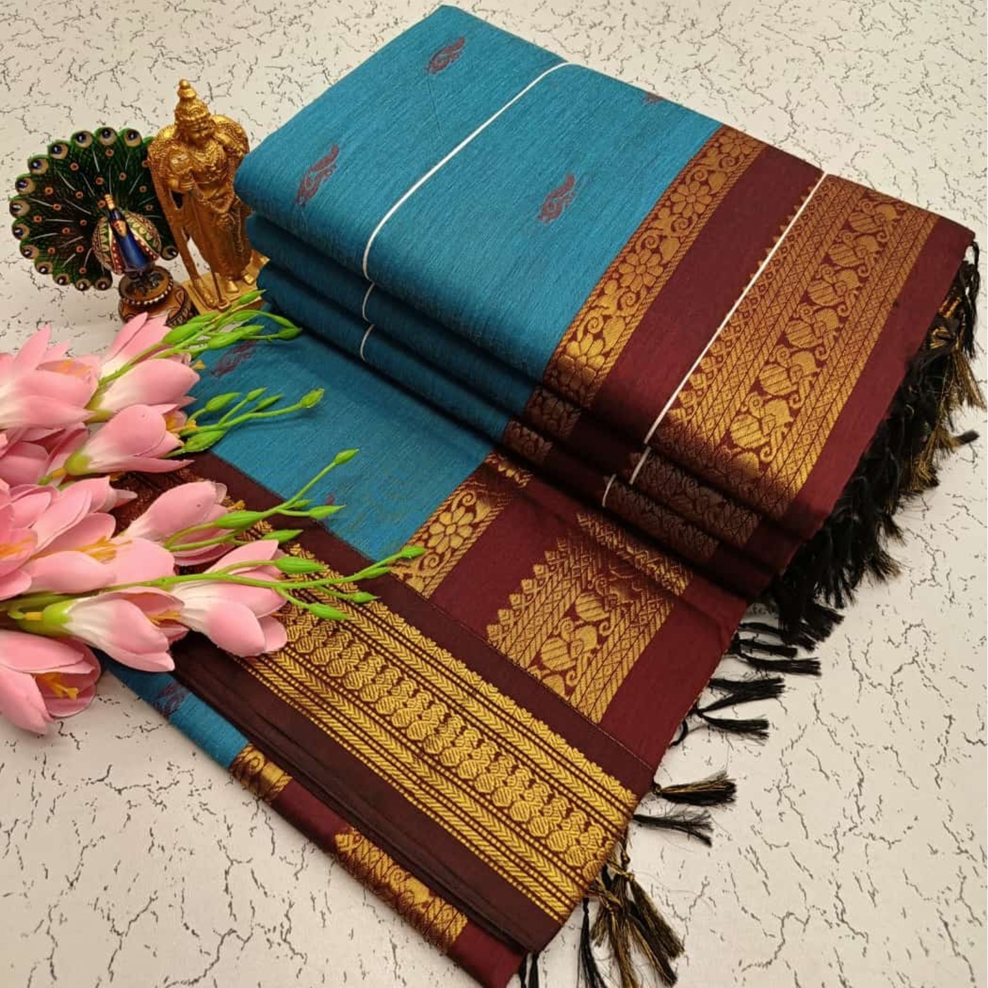 Blue Brown Kalyani South Cotton Silk Handloom Saree24