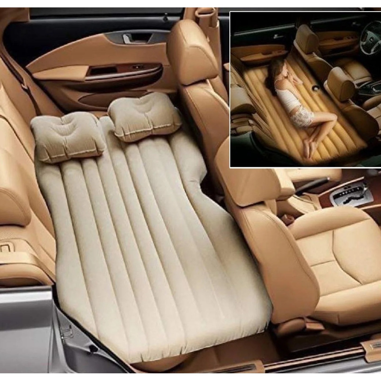 Car inflatable bed with 2 pillows & air pump (portable) for travel, camping, vacation | polyester inflatable travel car bed air sofa with two inflatable pillow and air pump for car back seat, air pump random colour    
