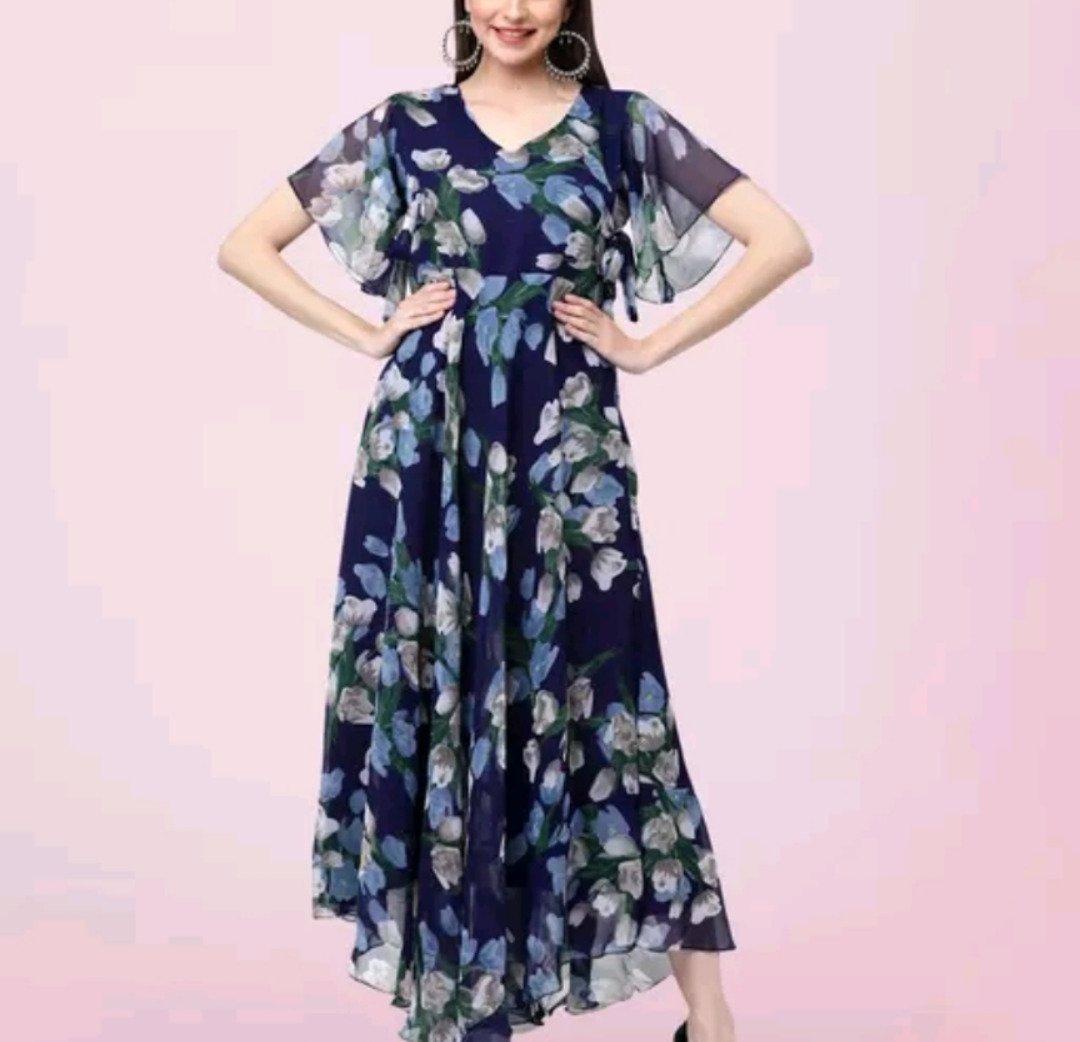 Women's Georgette Navy Blue Floral Maxi 