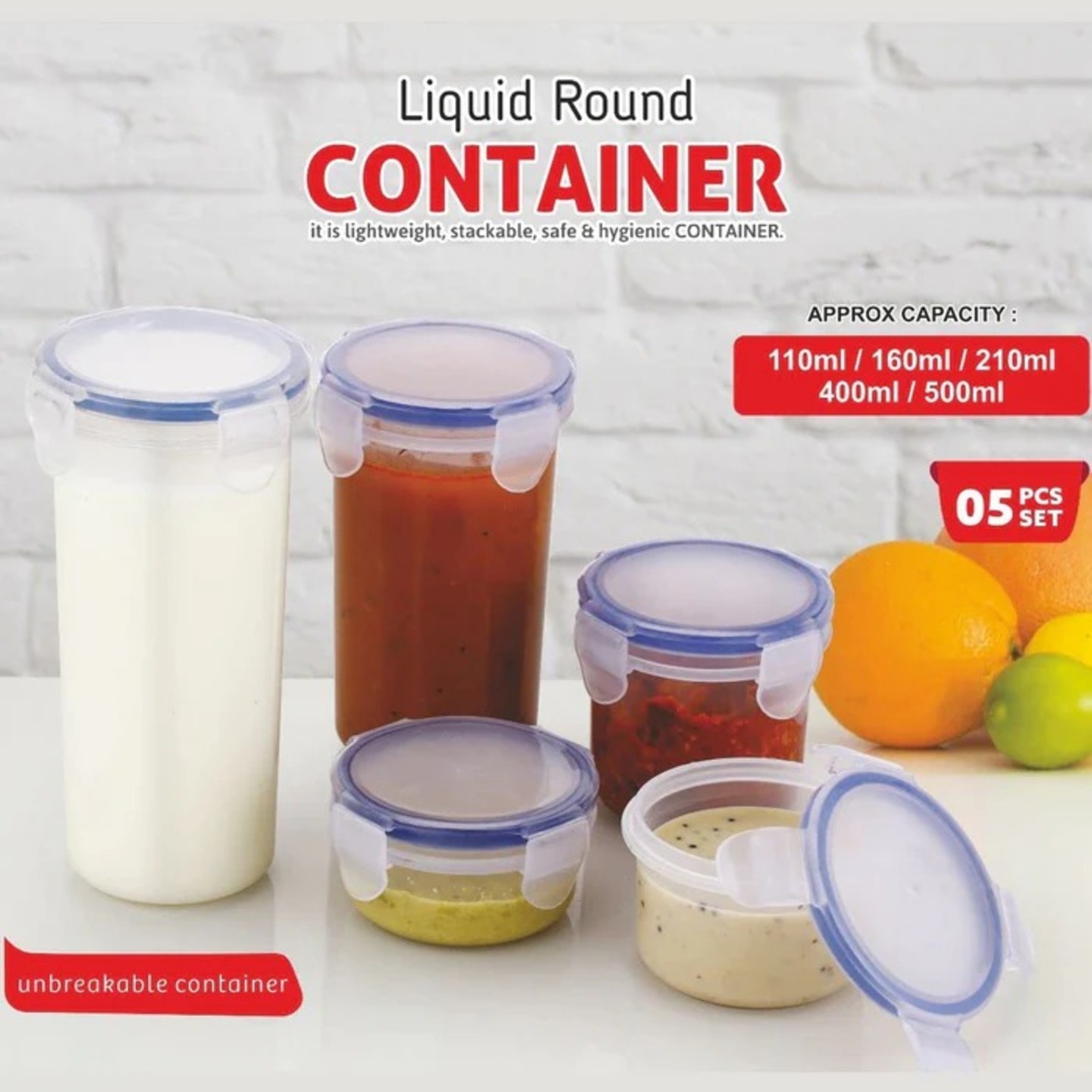5 Pcs Transparent Set of Plastic Liquid Round Airtight Food Storage Container With Leak Proof Locking Lid Bpa Free Container For Kitchen,  Approx Capacity 110 Ml,160 Ml,210 Ml,400 Ml,500 Ml