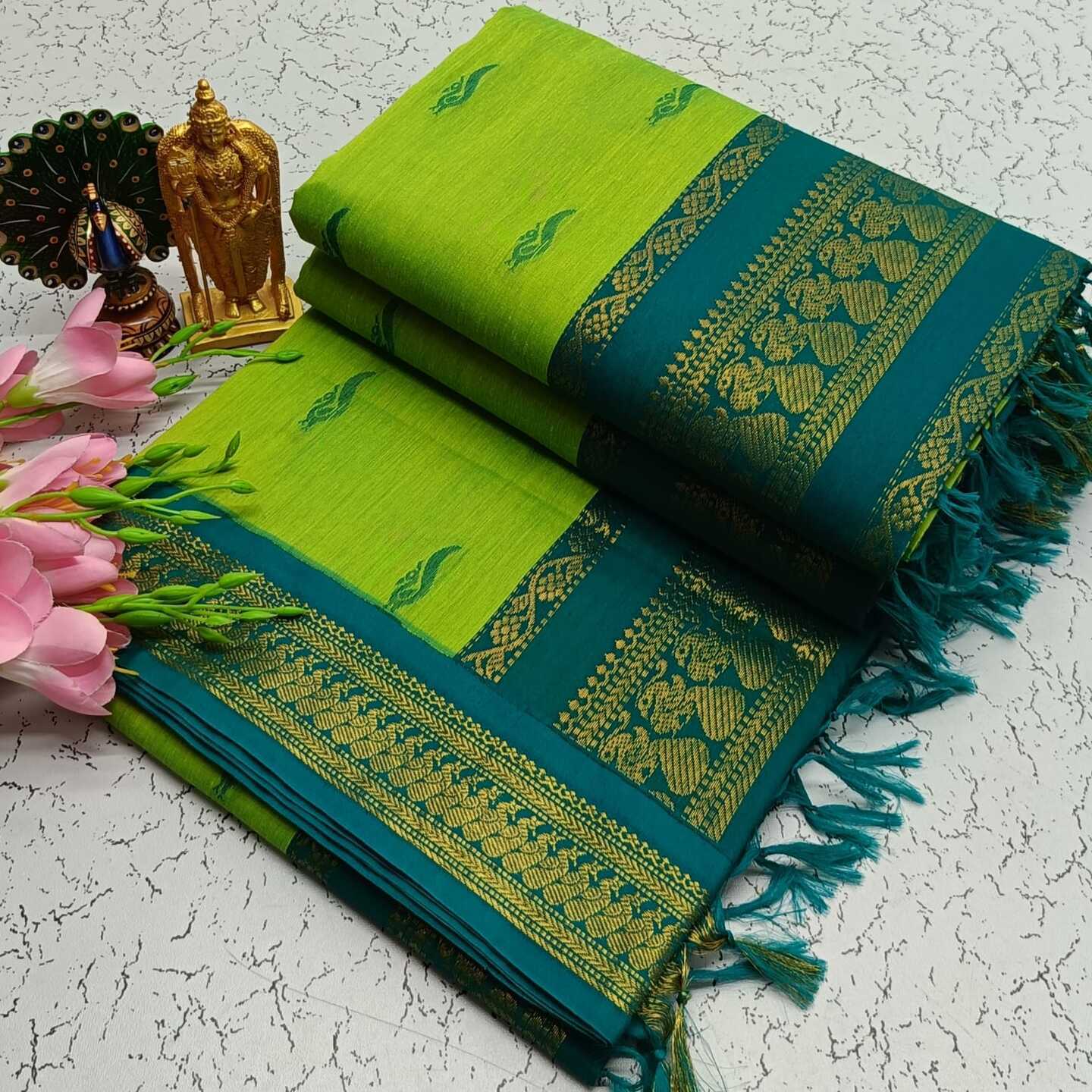 Mehendi Blue Kalyani South Cotton Silk Handloom Saree