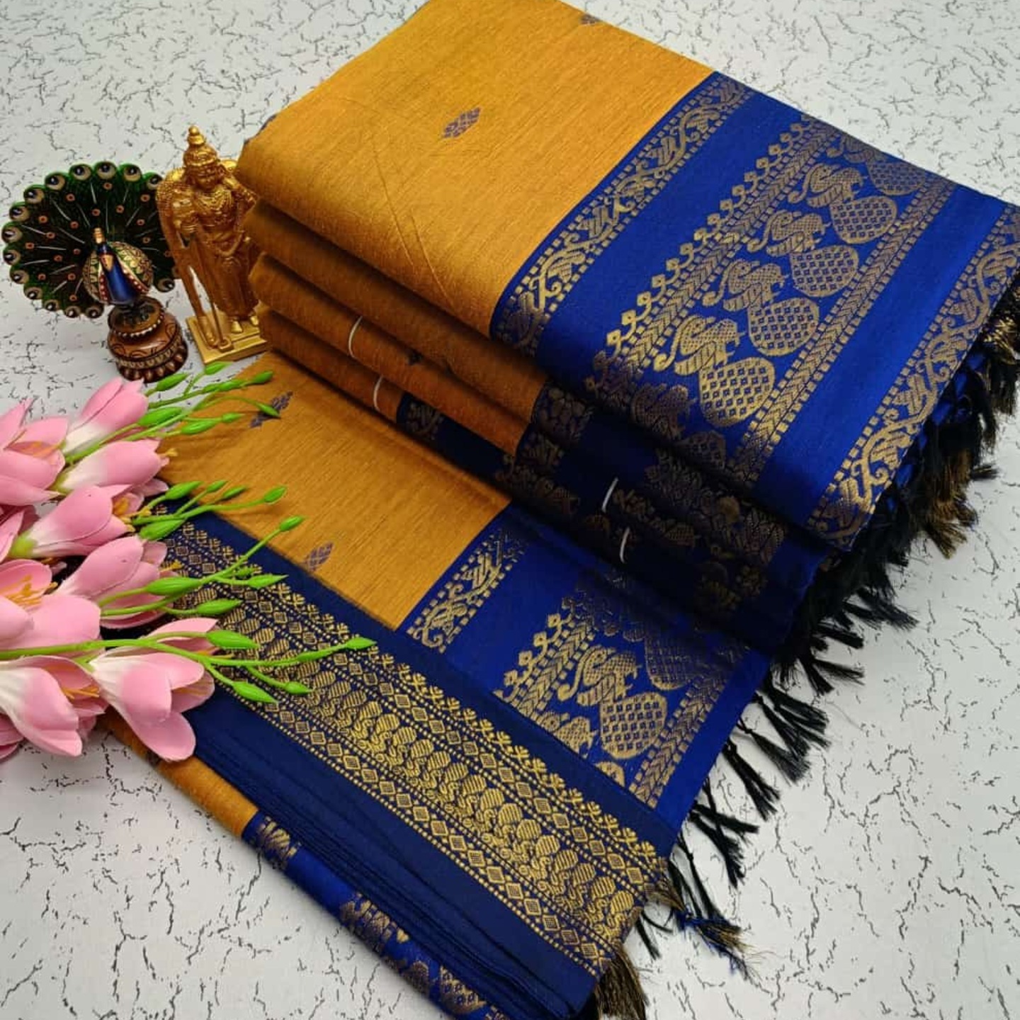 Mustard blue Kalyani South Cotton Silk Handloom Saree16