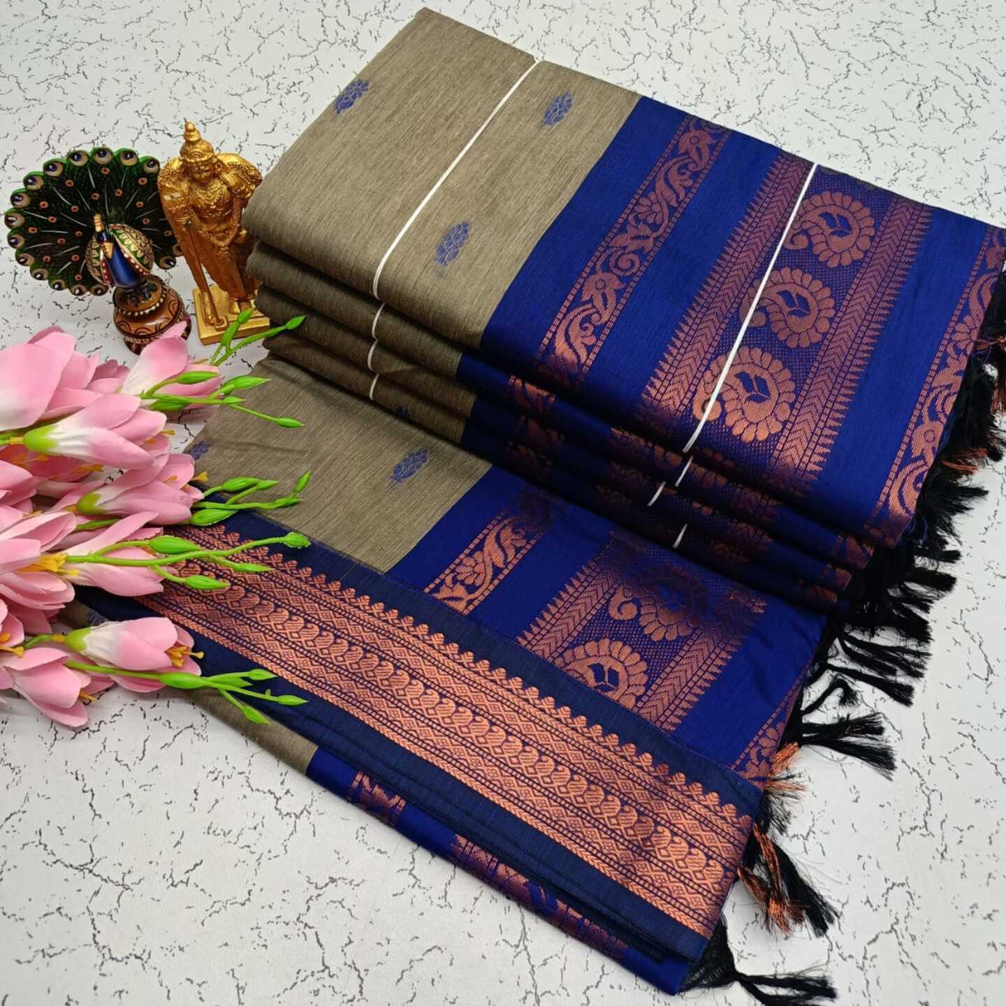 Grey Blue Kalyani South Cotton Silk Handloom Saree32