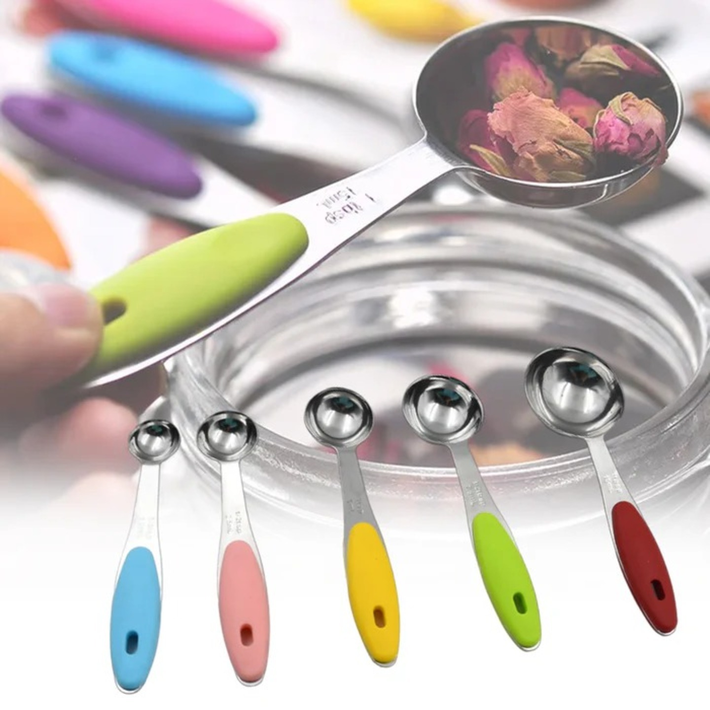 Measuring Spoons Measuring Cups For Baking, Premium Stainless Steel Measuring Cups And Spoons Stackable Set With Silicone Handle Multifunctional For Kitchen Cooking Baking 5 Pc Set