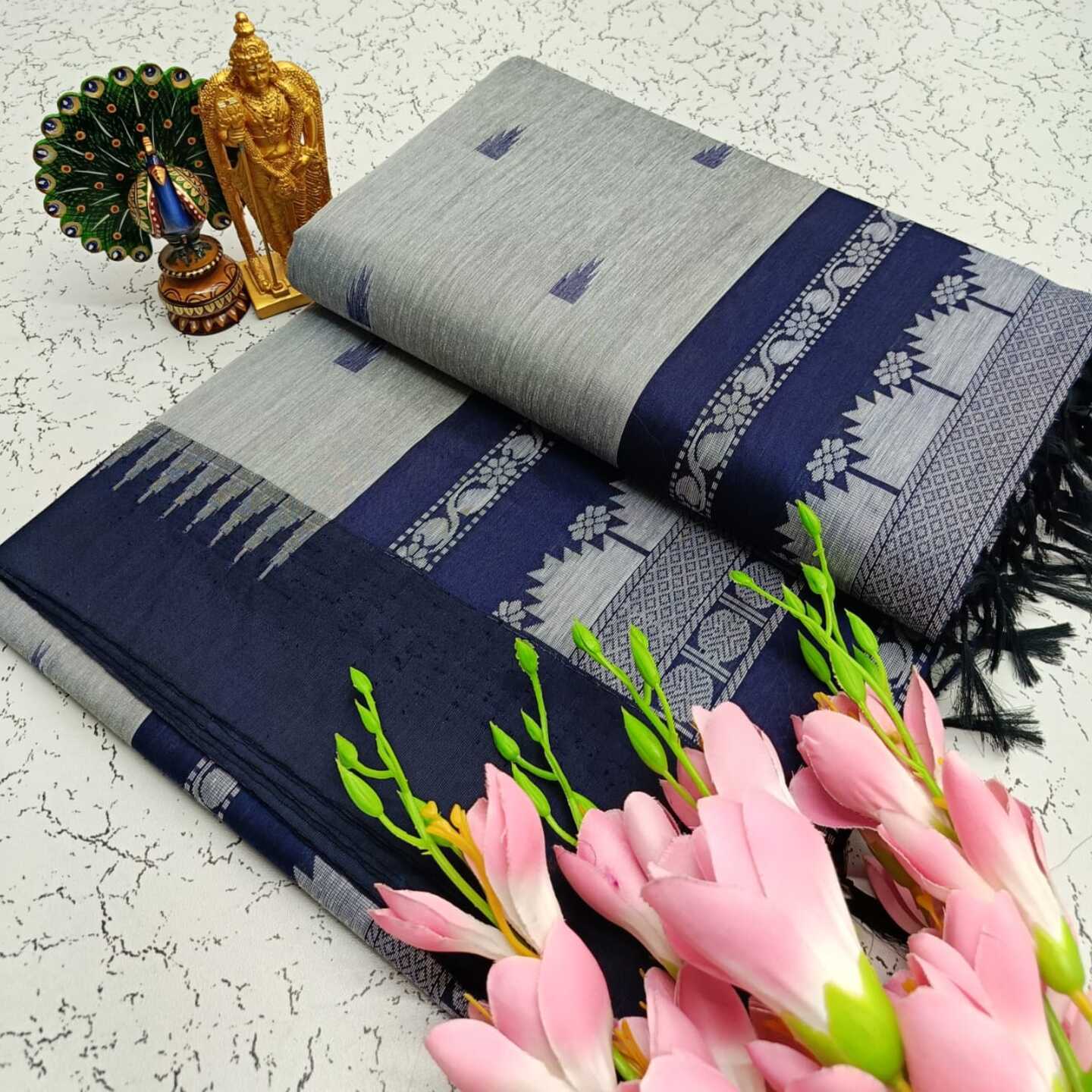 Grey Navy Blue Kalyani South Cotton Silk Handloom Saree