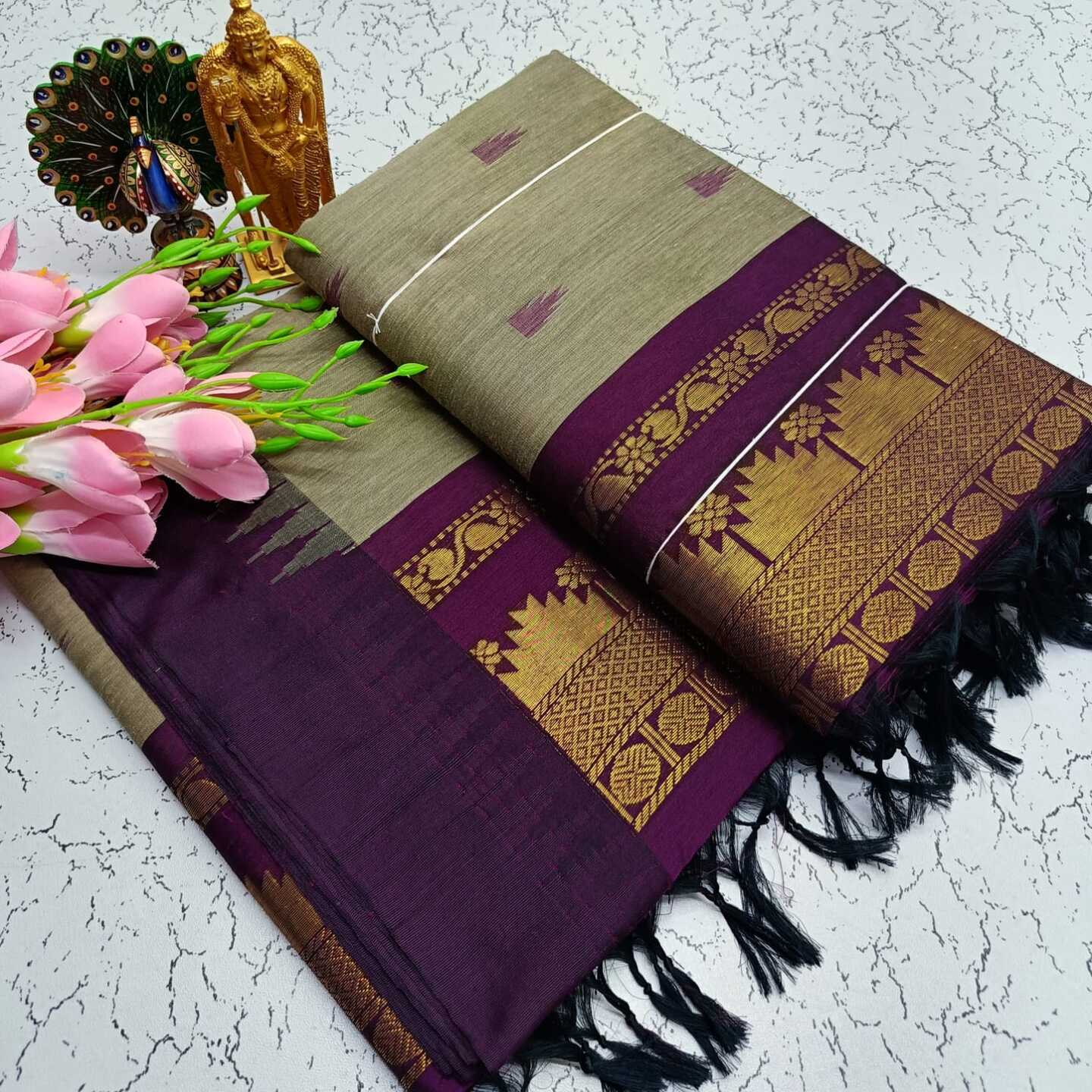 Grey Purple Kalyani South Cotton Silk Handloom Saree