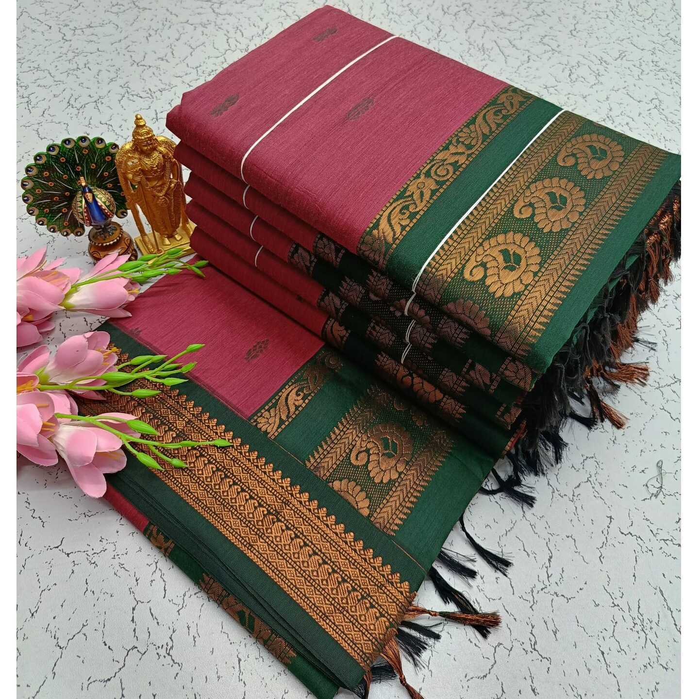 Maroon Green Kalyani South Cotton Silk Handloom Saree