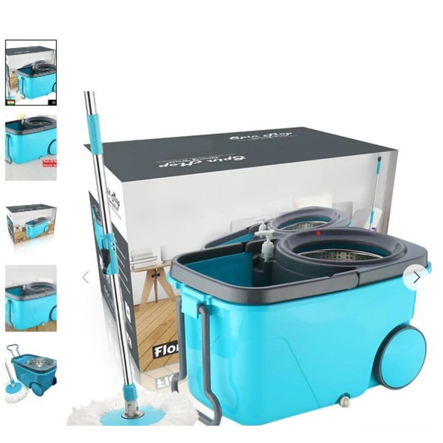 Steel Quick Spin Mop, Rectangular Plastic Bucket Floor Cleaning Mop with Bucket, Easy in-Built Wheels & Big Bucket, Pocha for Floor Cleaning, Mopping Set Blue