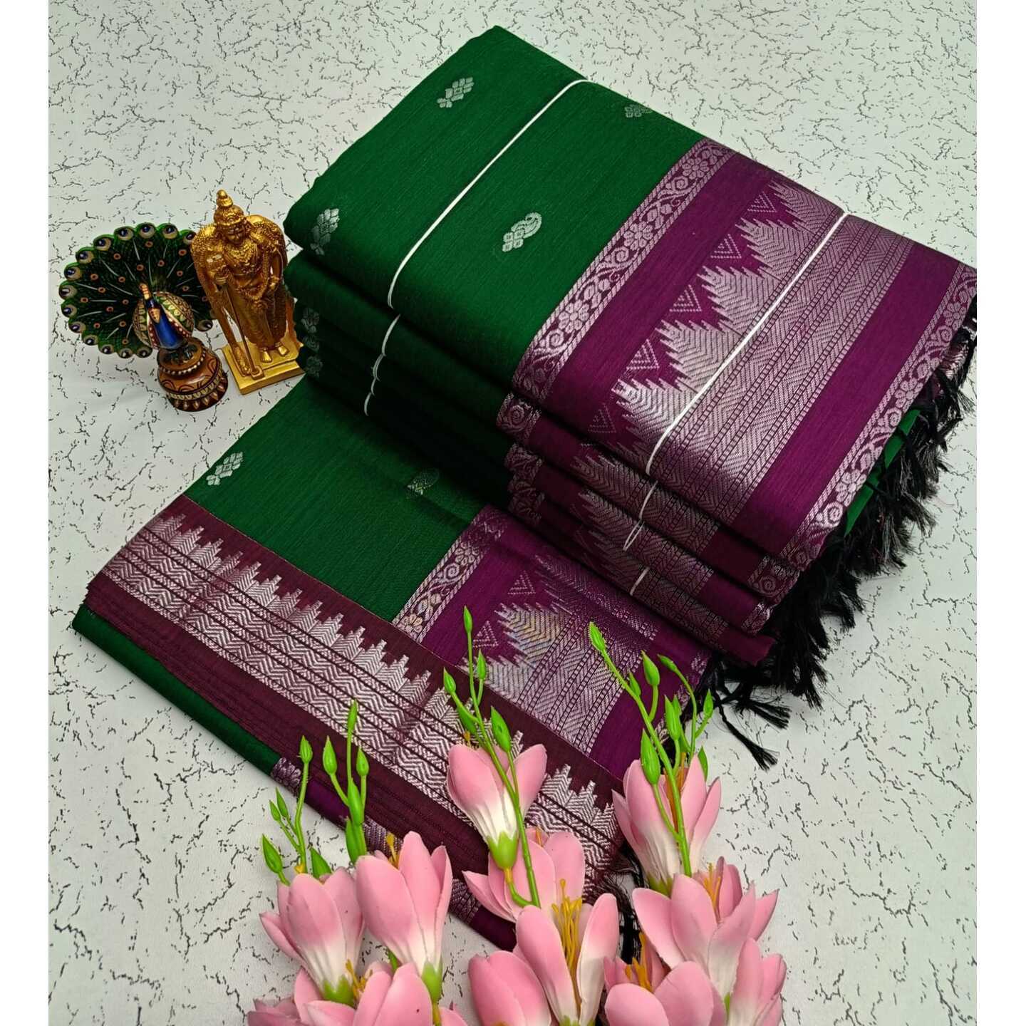 Bottle Green Purple Kalyani South Cotton Silk Handloom Saree