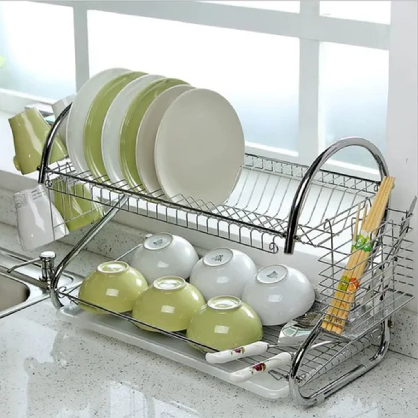 True Choice Utensil Kitchen Rack Steel Dish Shelf Steel 2-Tier Multi-Function Stainless Steel Dish Drying Rack Cup Drainer Strainer Silver one 39CM