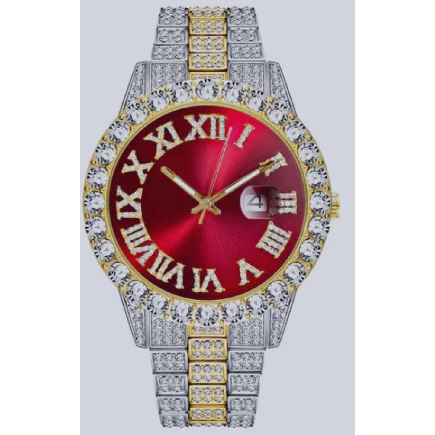ICEDIAMOND Silver Gold Red Roman Dial Iced Out Wrist Watch Full Bling CZ Diamond Quartz Calendar Watch for Men Women