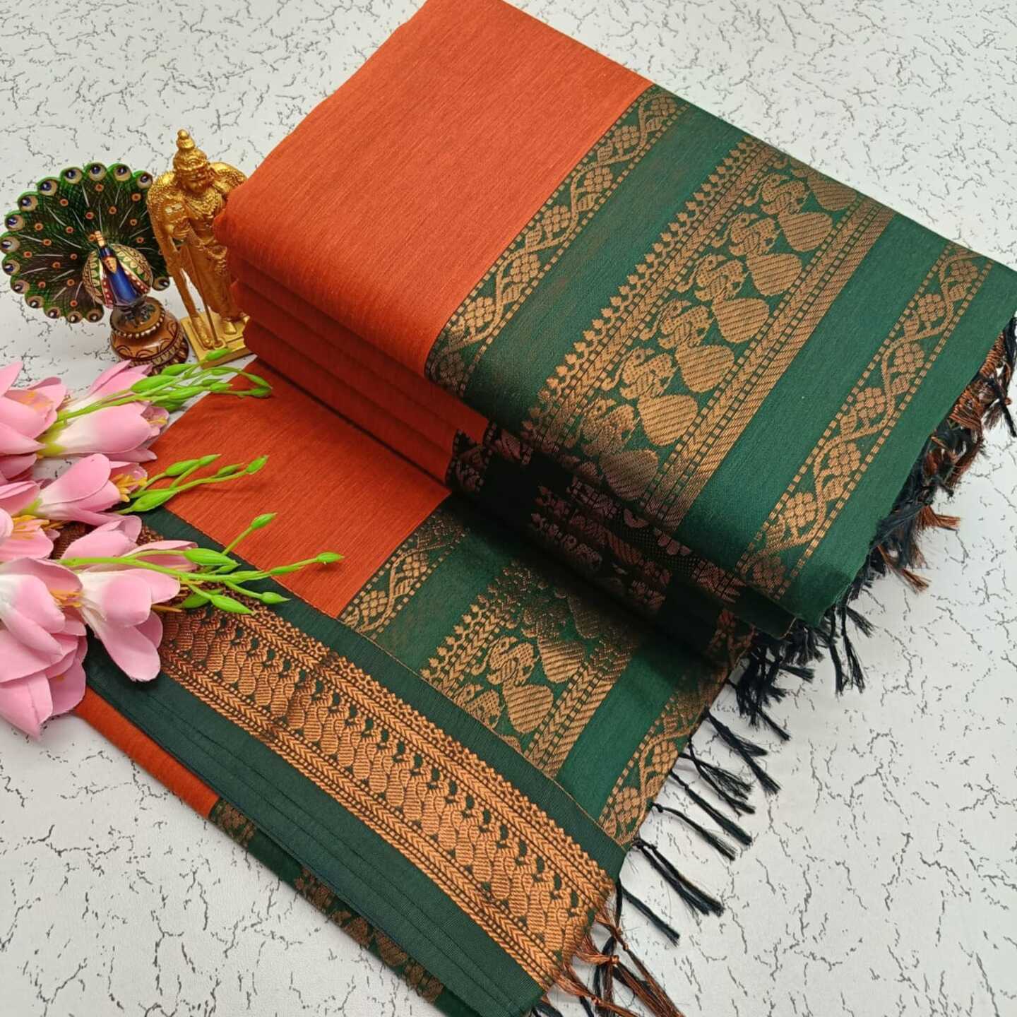 Orange Green Kalyani South Cotton Silk Handloom Saree20