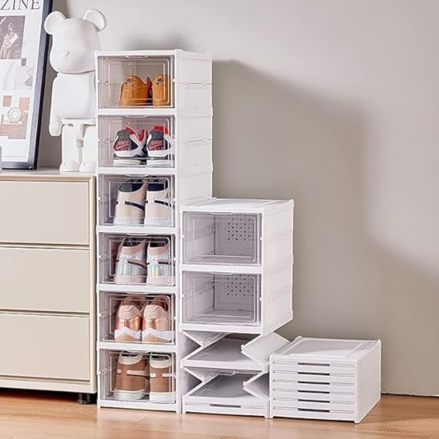 Front Foldable Shoe Organizer Collapsible Shoe Rack, Clear-Door Design for Effortless Shoe Management 3_Tier