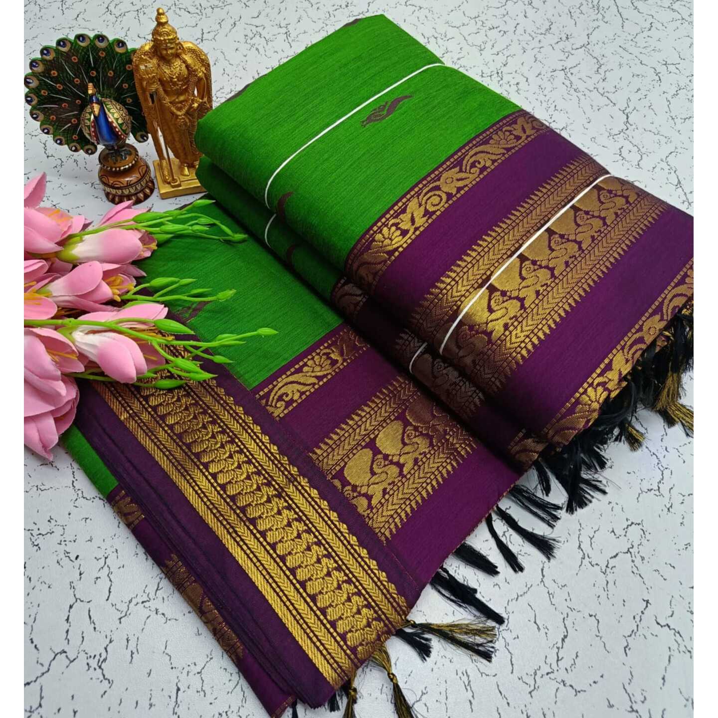 Parrot Green Violet. Kalyani South Cotton Silk Handloom Saree8