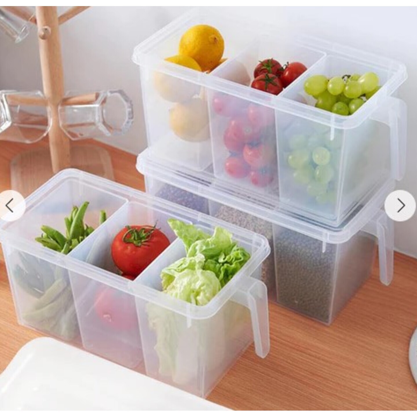 3 Section Plastic Food Storage Container Fridge Storage Pack of 1 Refrigerator Organizer Container Fridge Storage Jar, Grocery Organizers For Vegetables,Clear with Lid 2 Liter