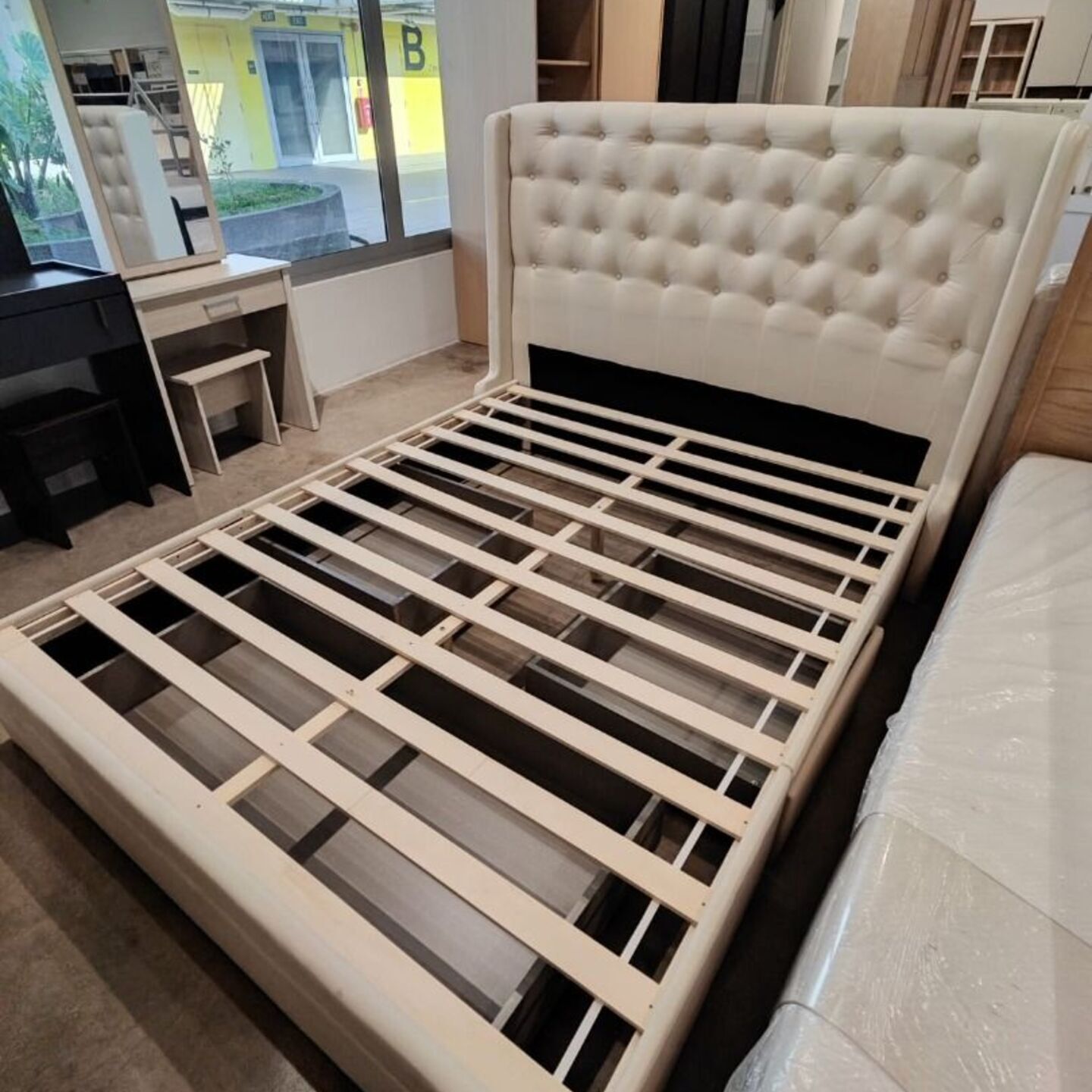 DEVER Queen Size Bedframe with Storage Drawers in CREAM FABRIC