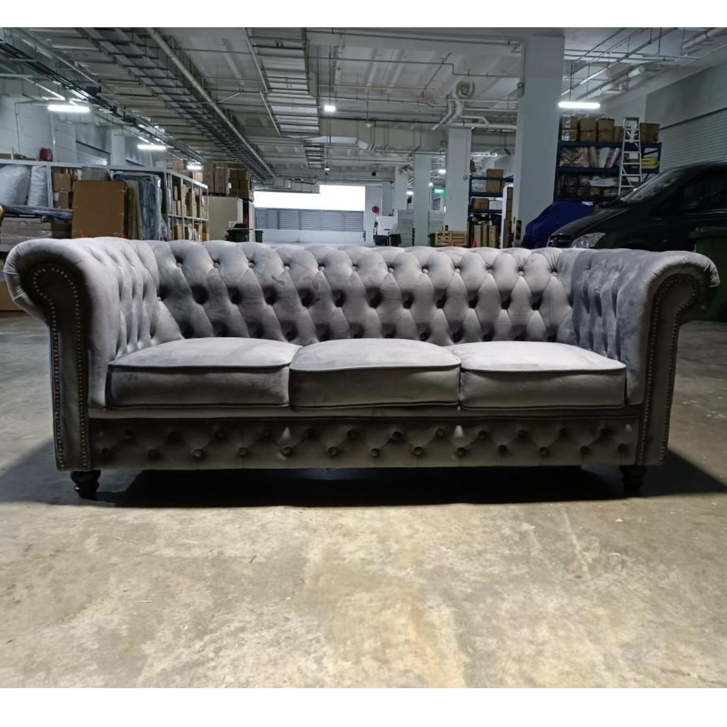 PRE ORDER SALVADORE X 3 Seater Chesterfield Sofa in STORM GREY PU - Estimated Delivery in End Apr 2022