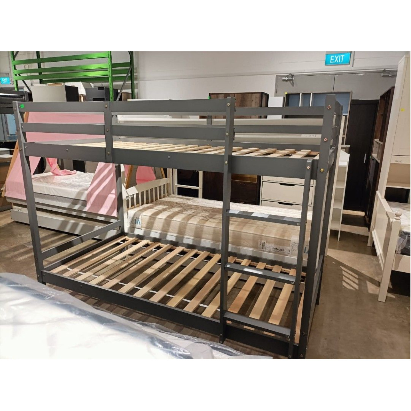RUZENDA Double Deck Wooden Bunk Bedframe in GREY