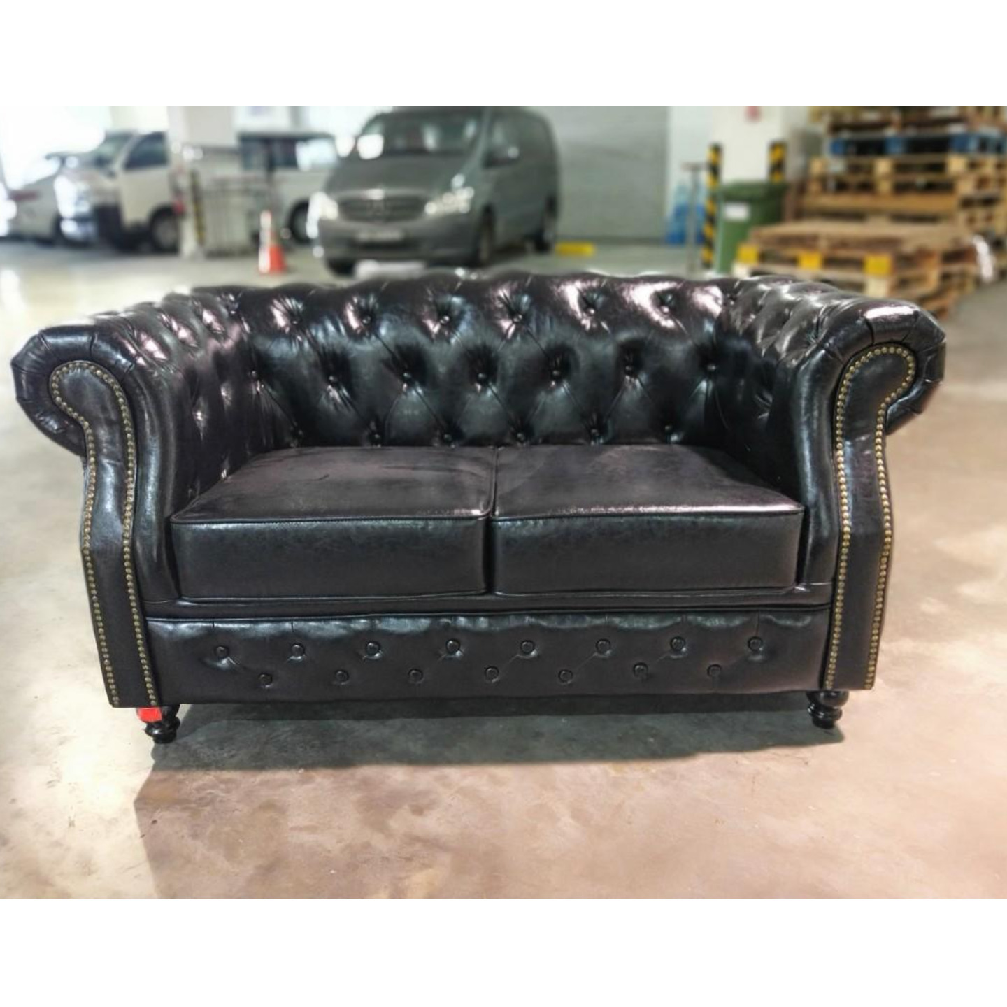PRE ORDER BOTTEVA 2 Seater Chesterfield Sofa in GLOSS BLACK PU - Estimated Delivery by JULY 2023