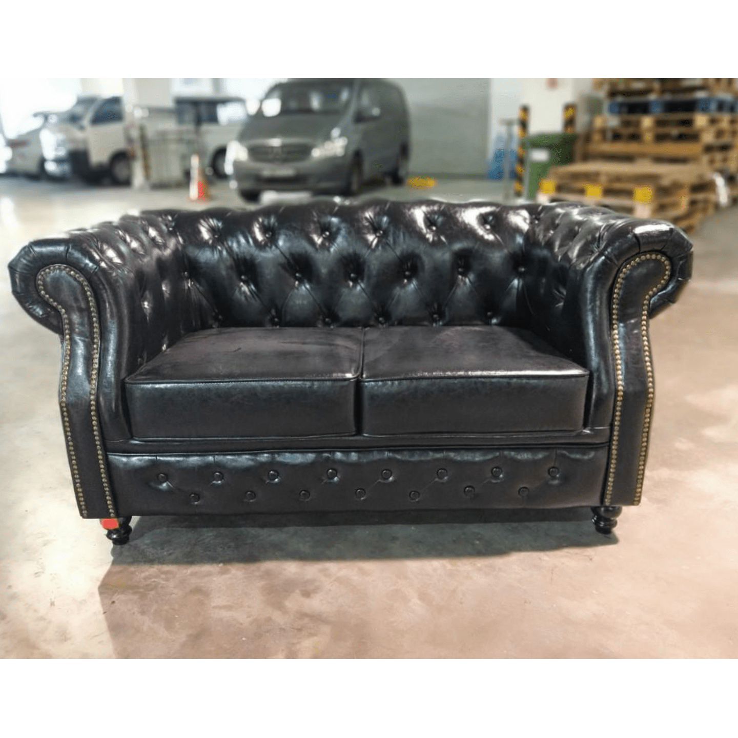 PRE ORDER BOTTEVA 2 Seater Chesterfield Sofa in GLOSS BLACK PU - Estimated Delivery by JULY 2023