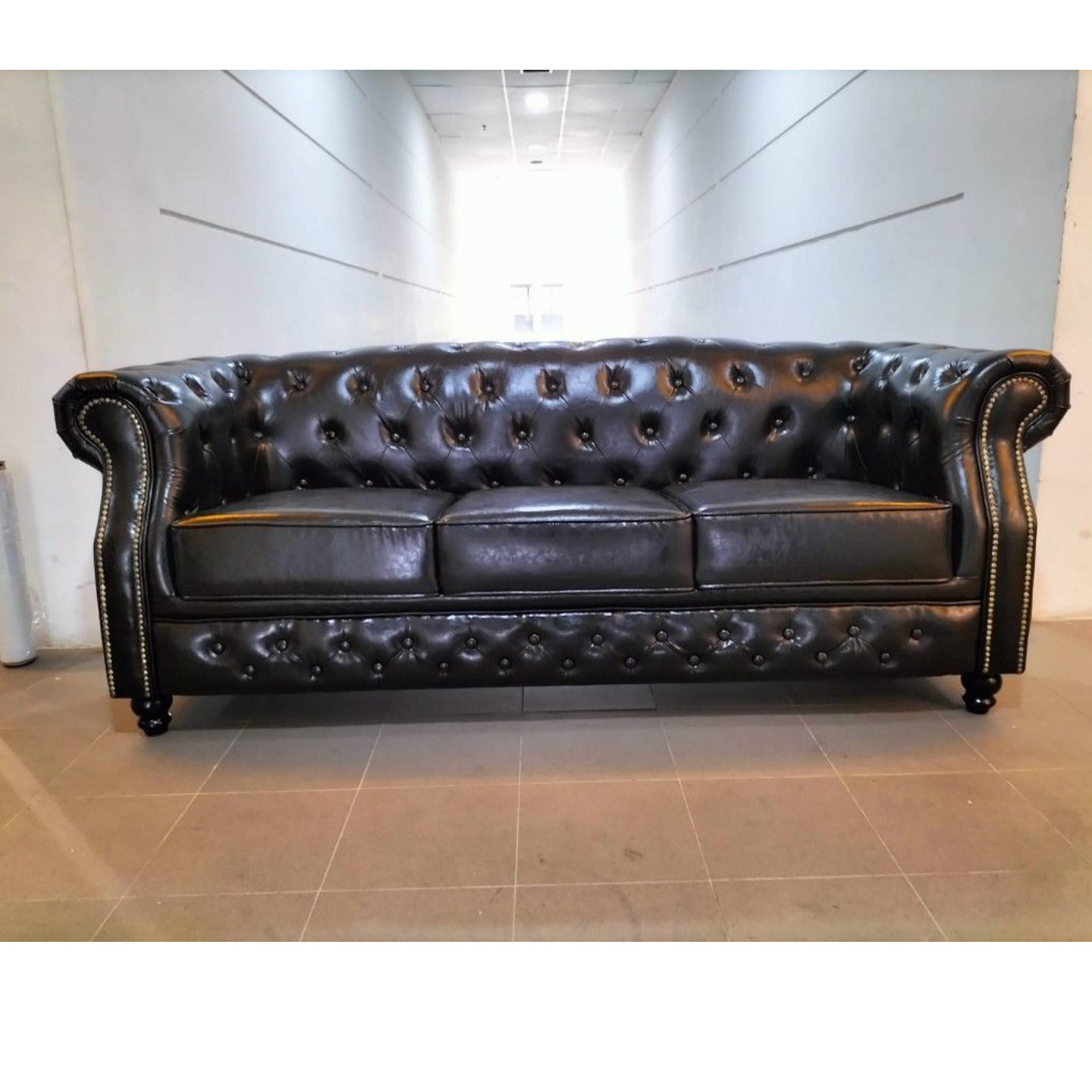 PRE ORDER BOTTEVA 3 Seater Chesterfield Sofa in GLOSS BLACK PU - Estimated Delivery by July 2023