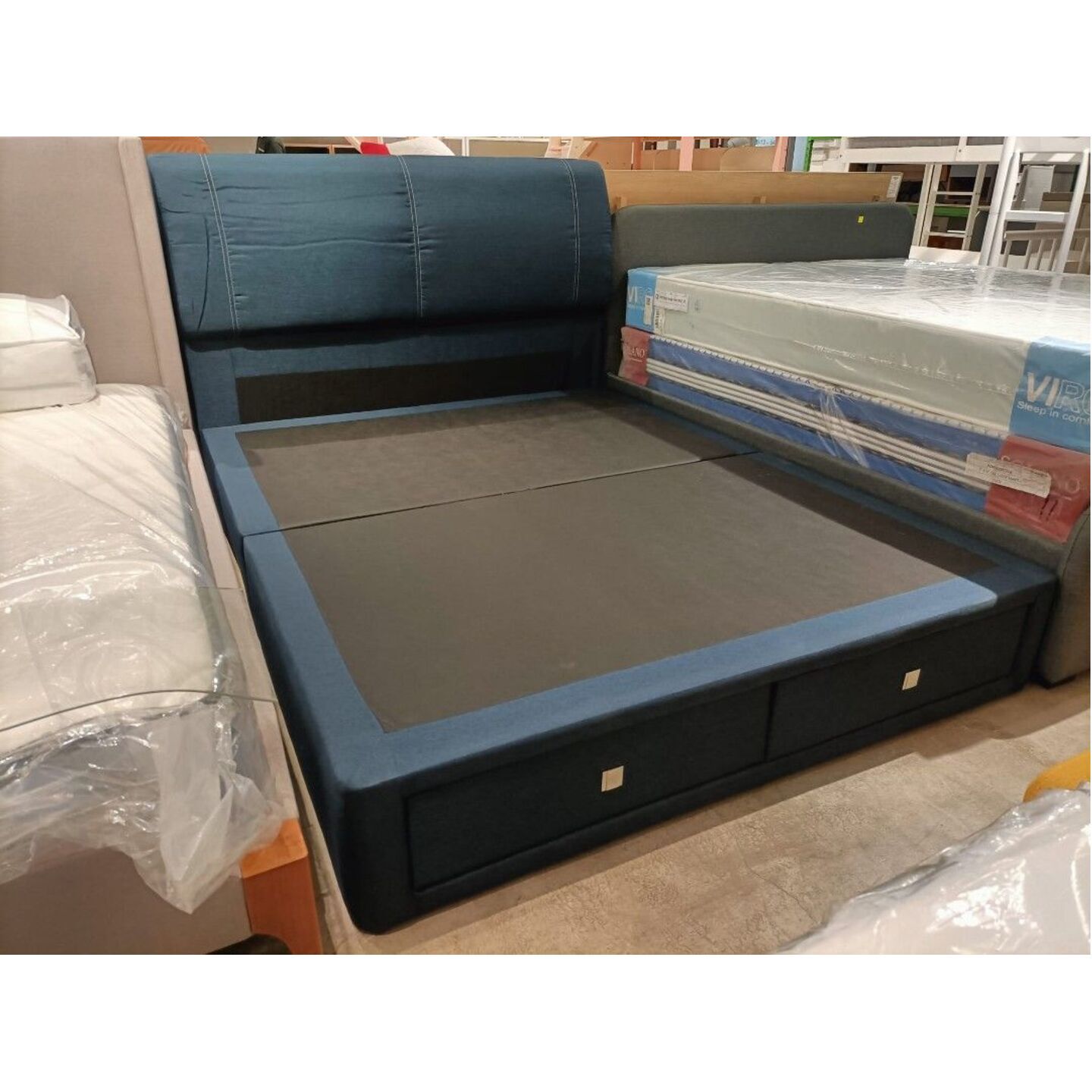 CHANELLE Queen Size Fabric Bedframe with Drawers in MIDNIGHT BLUE