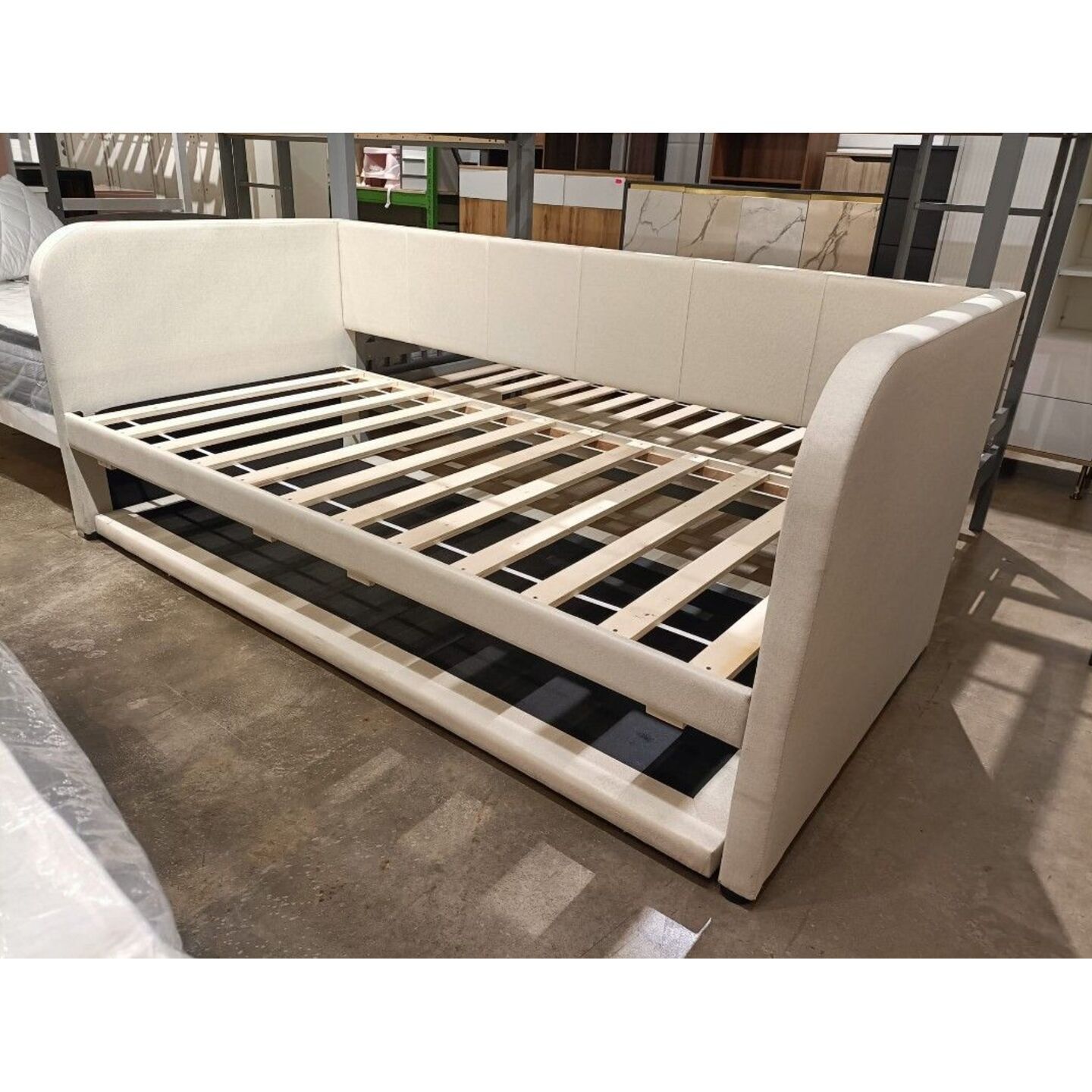LAFAYA Single Day Bed with Pull Out Trundle in BEIGE FABRIC