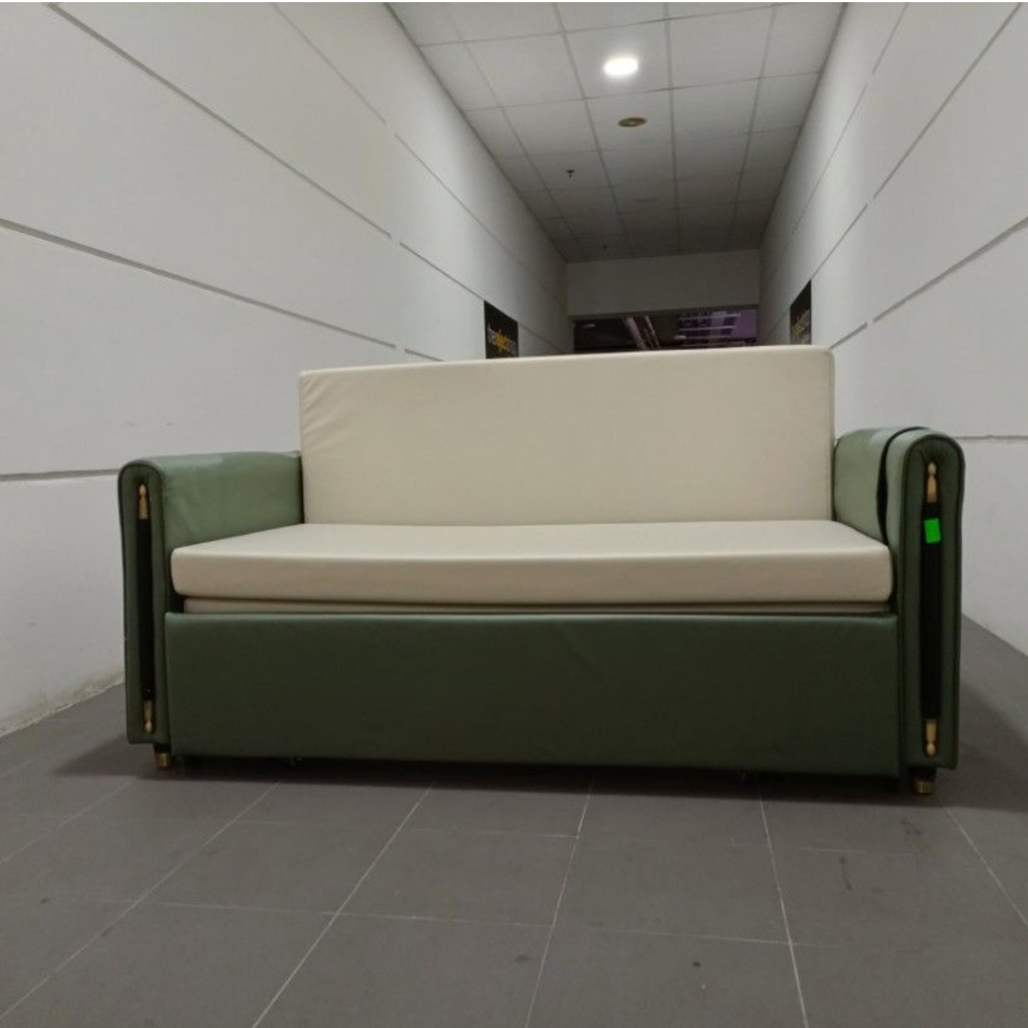 EKIES 1.6M Sofa Bed in CHAMPION GREEN and CREAM Leathaire Upholstery