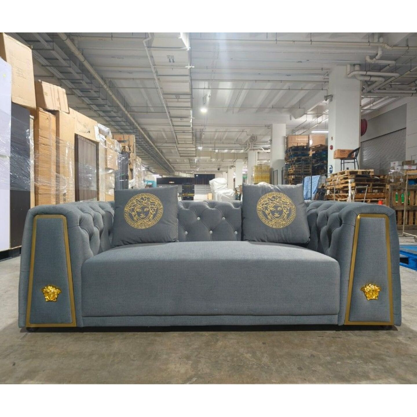 KRIGER 3 Seater Contemporary Chesterfield Sofa in CAT FRIENDLY ANCHOR GREY VELVET 50709-P10-826