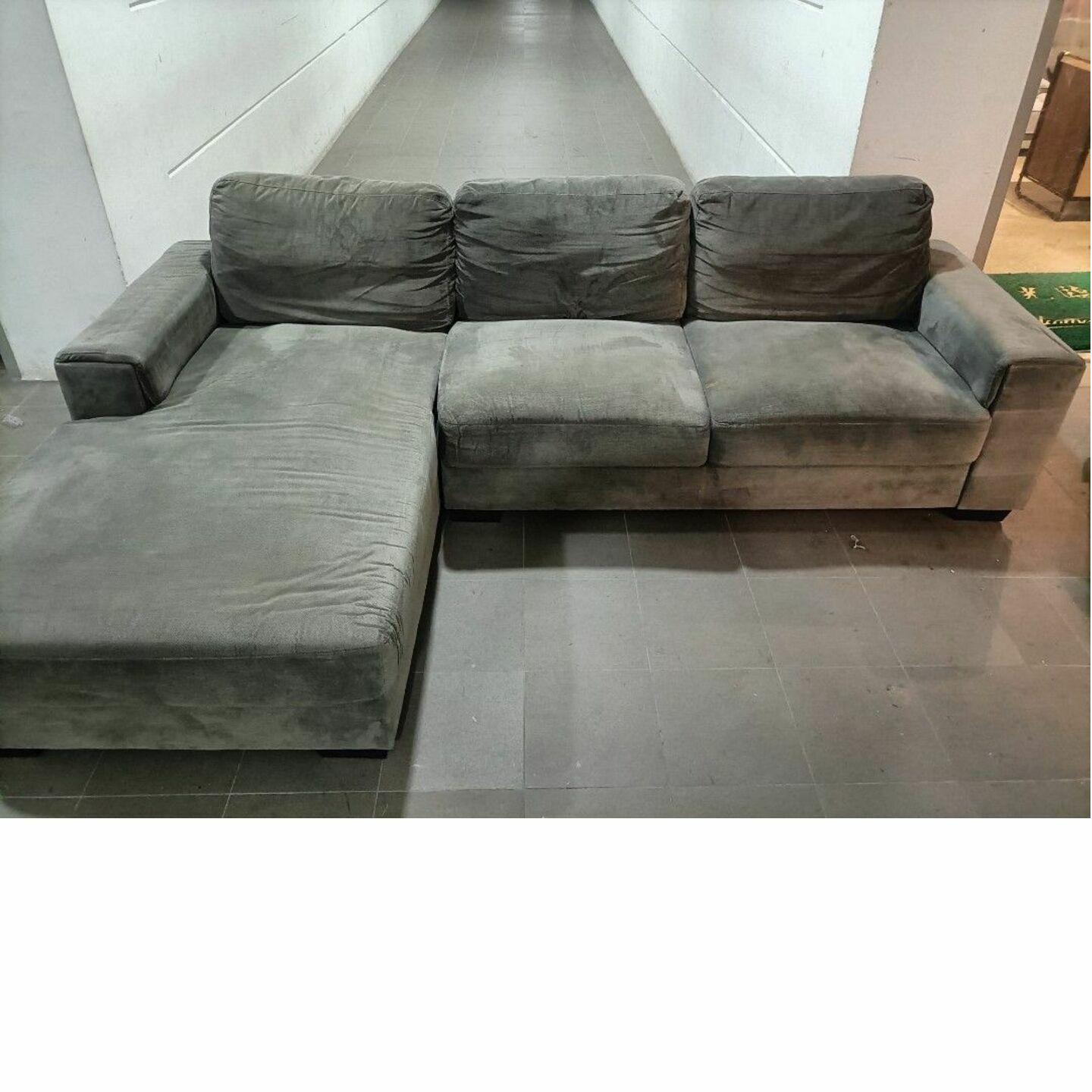 OLSSON 3, Seater L-Shaped Sofa in STONE GREY FABRIC(Chaise RIGHT WHEN SEATED)