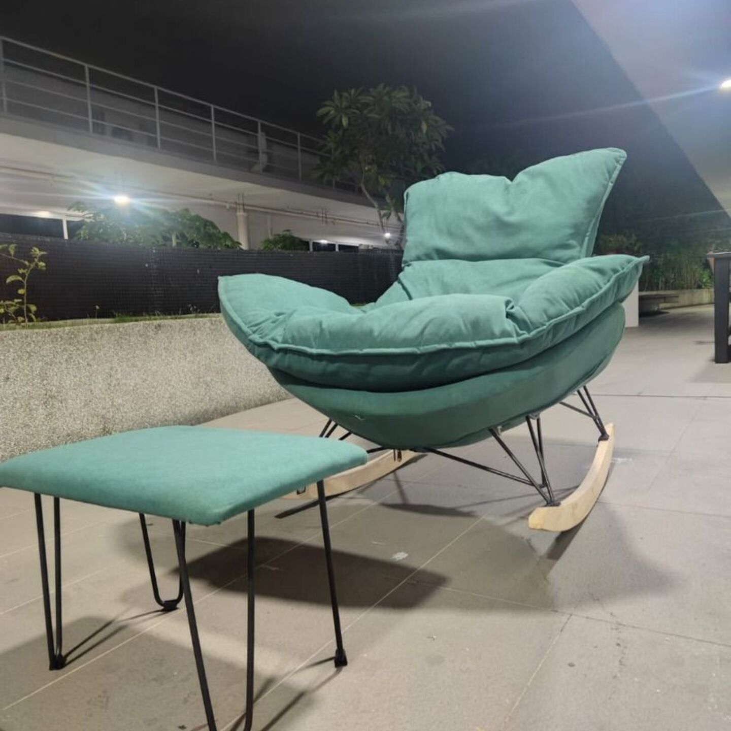 BELIZE Lounge Rocking Chair in TEAL GREEN FABRIC with Stool