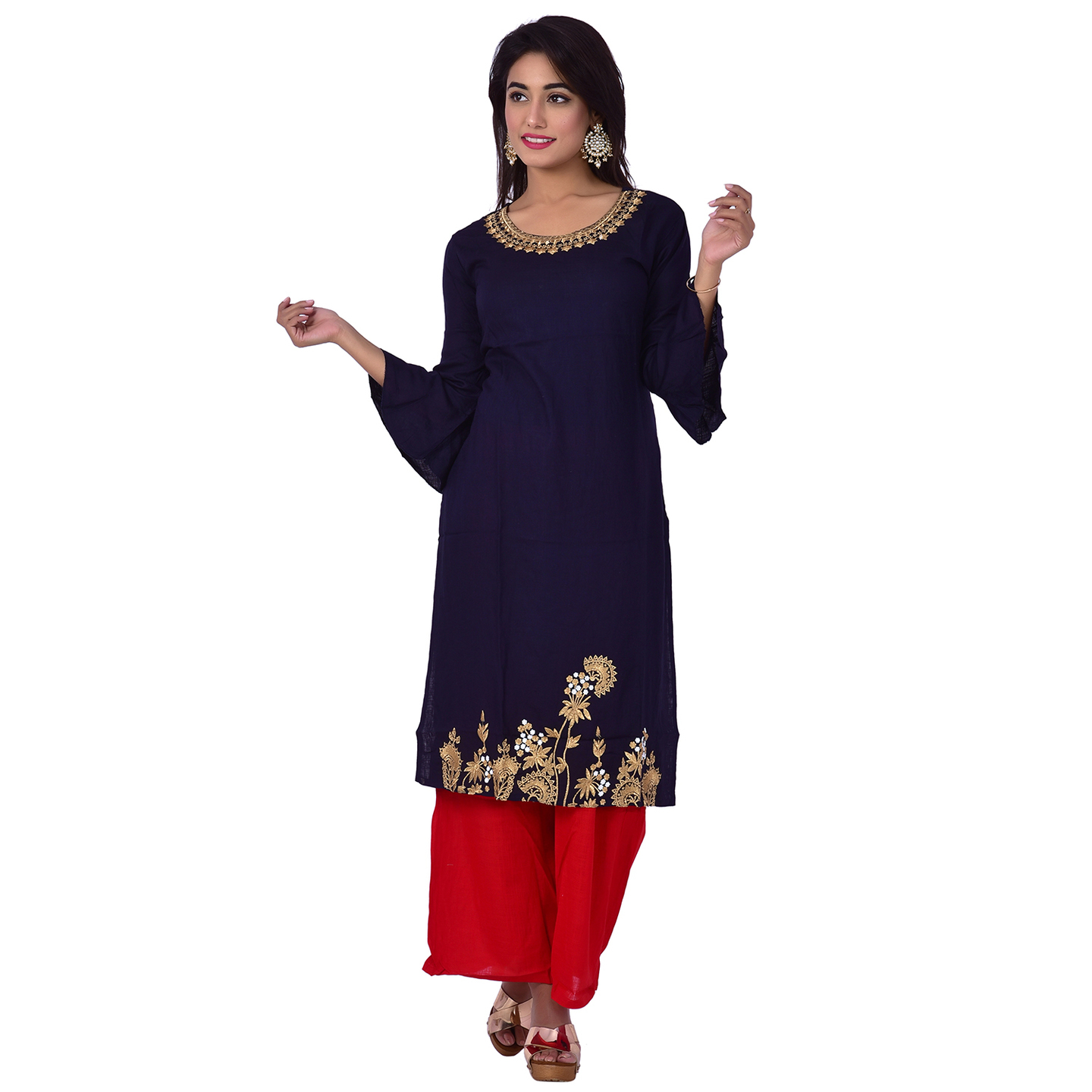 Ananda Jaipur Kurta and Palazzo Set Embroidered 3/4th Sleeve Blue Emboirdered Kurti with Printed Plazzo