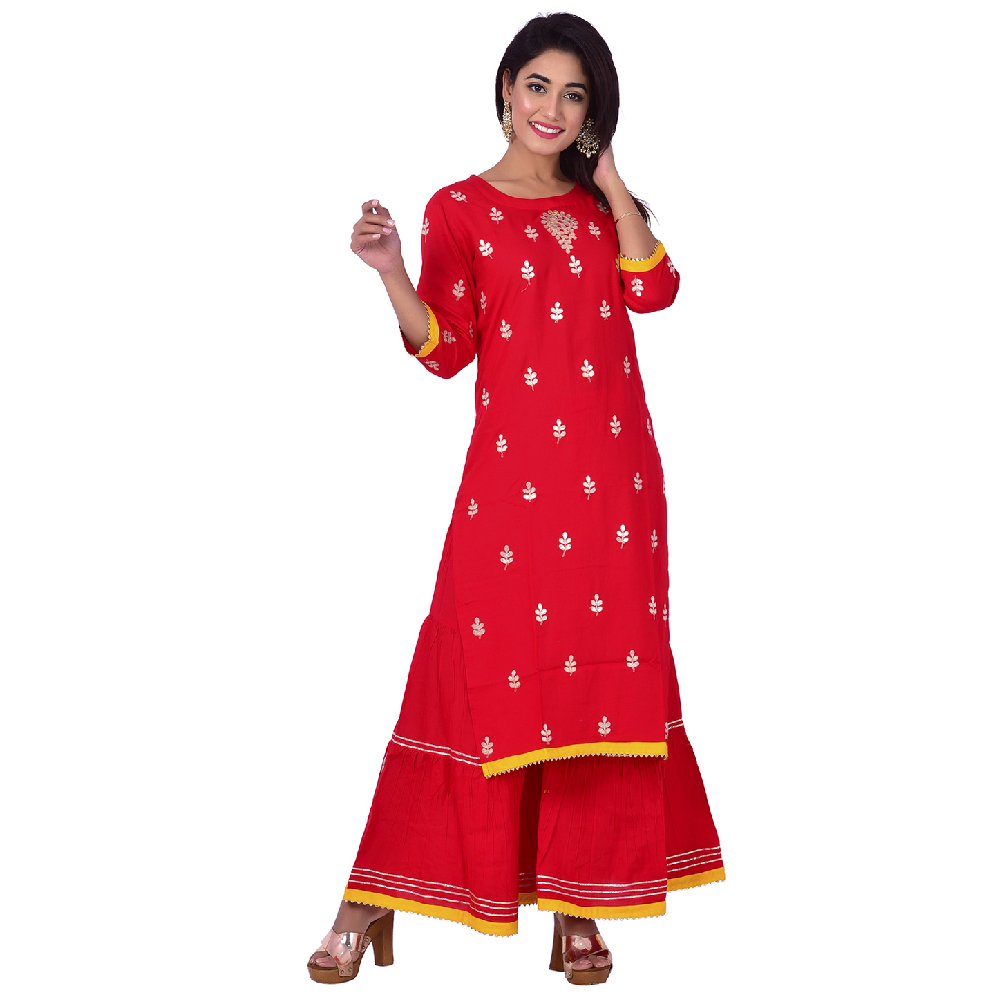 Ananda Jaipur Kurta and Sharara Set Embellished 3/4th Sleeve Red Gota Patti Embelished Kurti and Plazzo With Borders