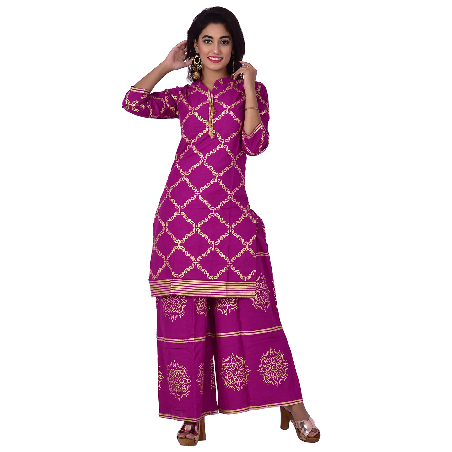 Ananda Jaipur Kurta and Palazzo Set Graphic Print 3/4th Sleeve Purple Chain Printed Kurti and Buta Printed Plazzo