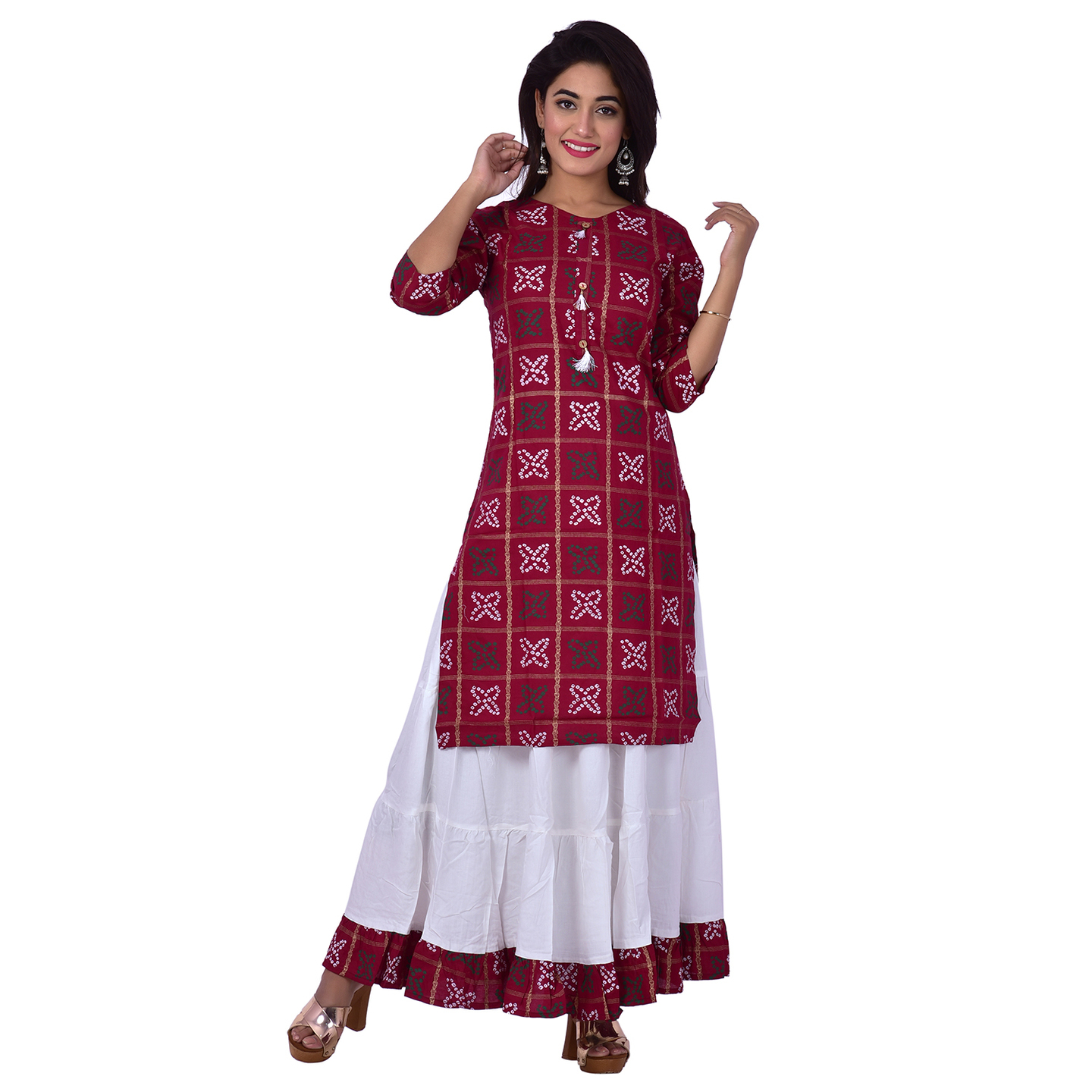 Ananda Jaipur Kurta and Skirt Set Printed 3/4th Sleeve Maroon Gold Printed Bandani Kurti with Plain White Skirt with Borders