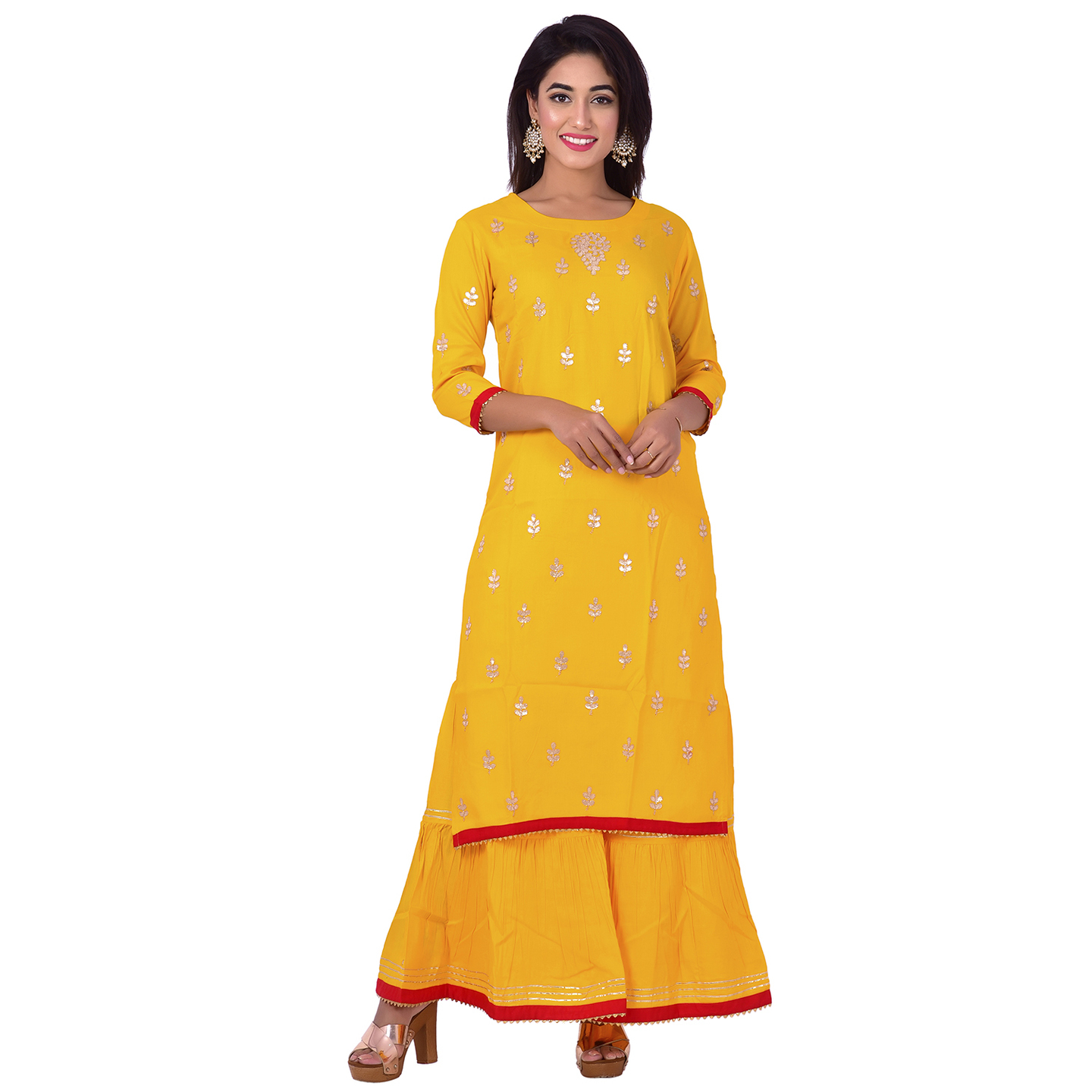 Ananda Jaipur Kurta and Sharara Set Embellished 3/4th Sleeve Yellow Gota Patti Embelished Kurti and Plazzo With Borders